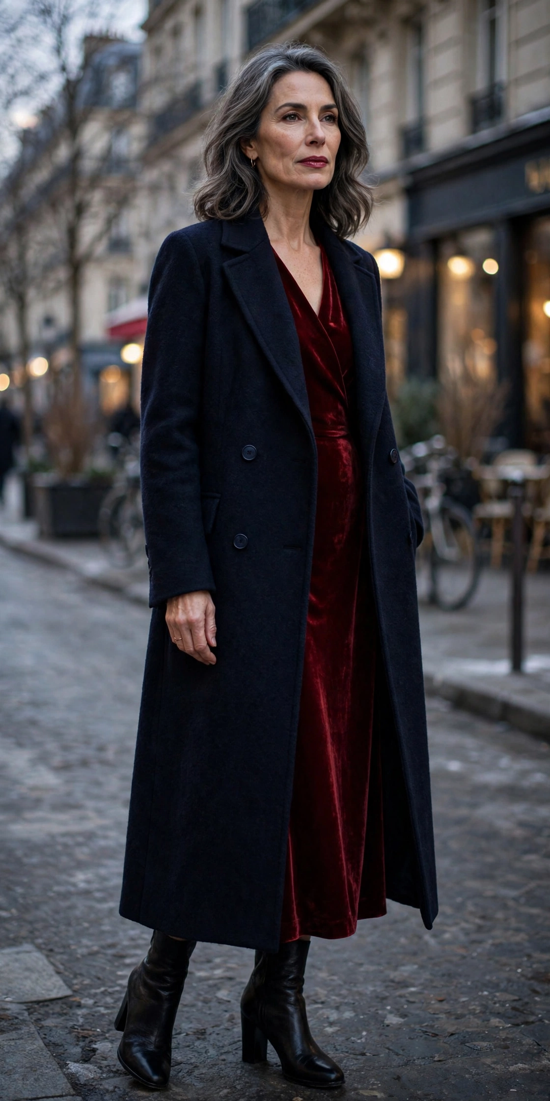 Woman over 50 in long navy wool coat over red velvet midi dress