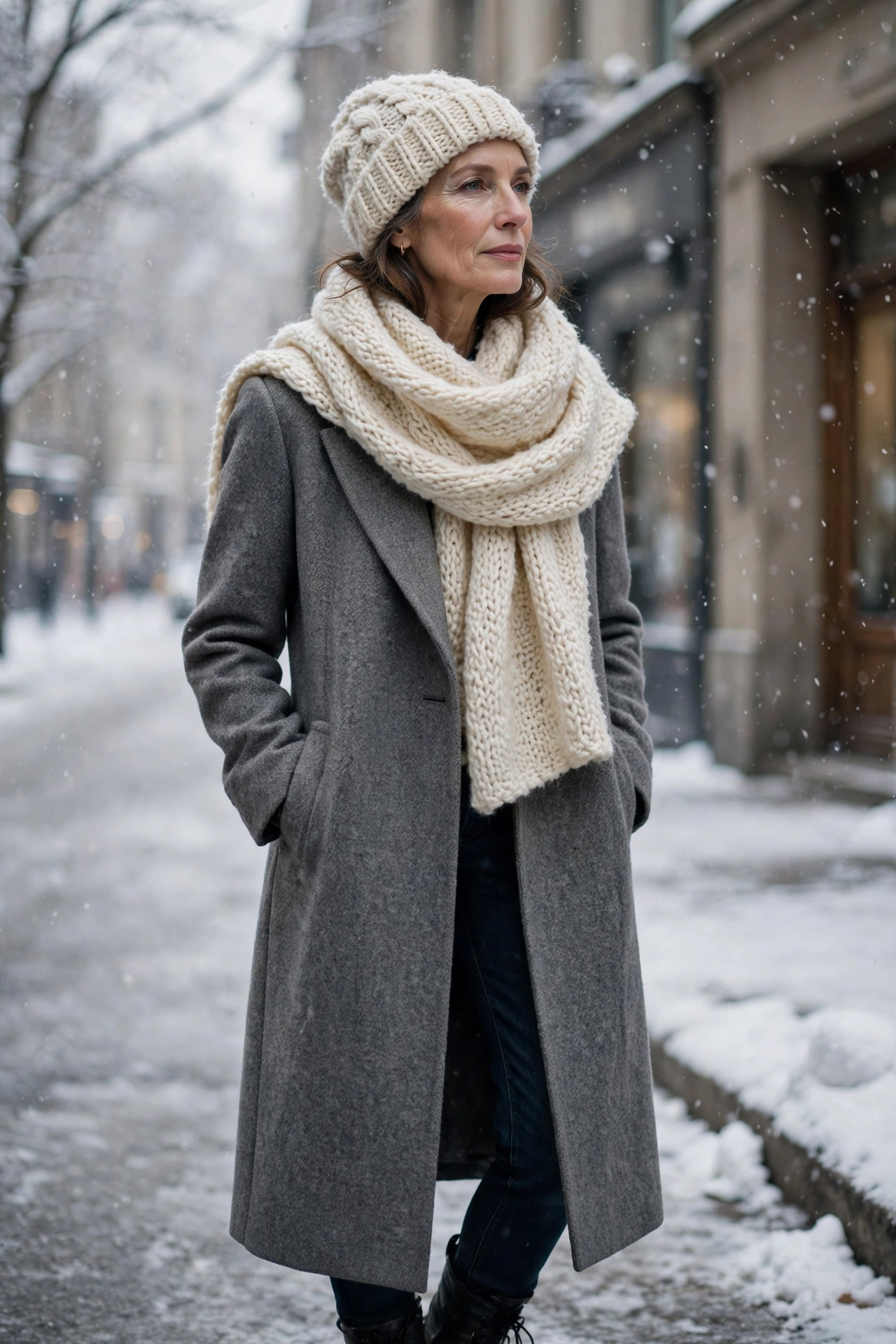Woman over 50 in long gray wool coat with blanket scarf and beanie
