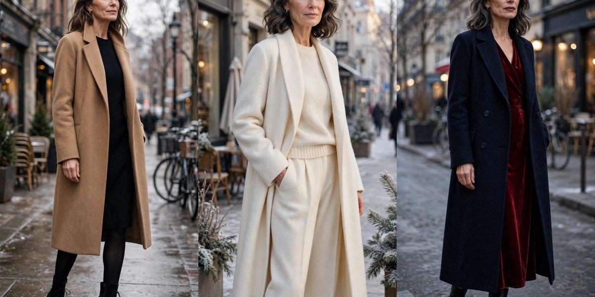 Ways to wear a long wool coat over 50 collage featured image