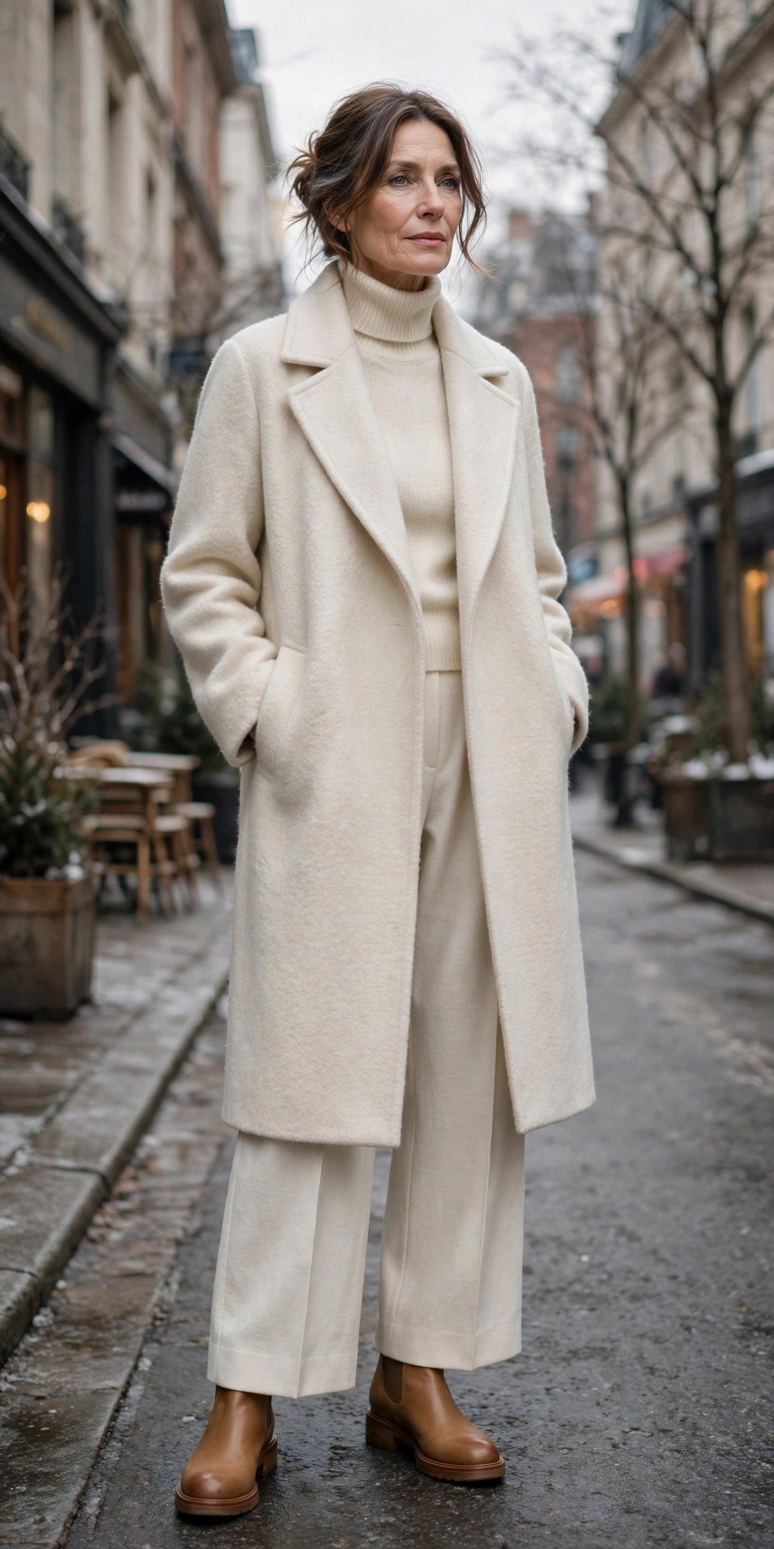 Elegant woman over 50 in monochrome cream coat, turtleneck and ivory wide-leg trousers