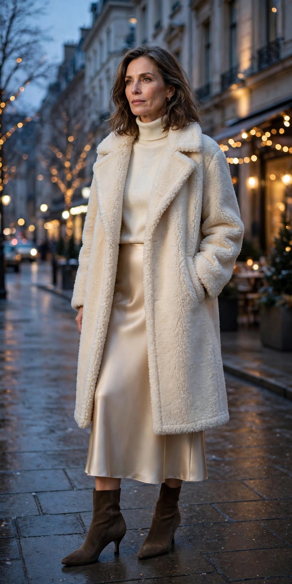 Elegant woman over 50 in ivory teddy coat over champagne satin slip skirt