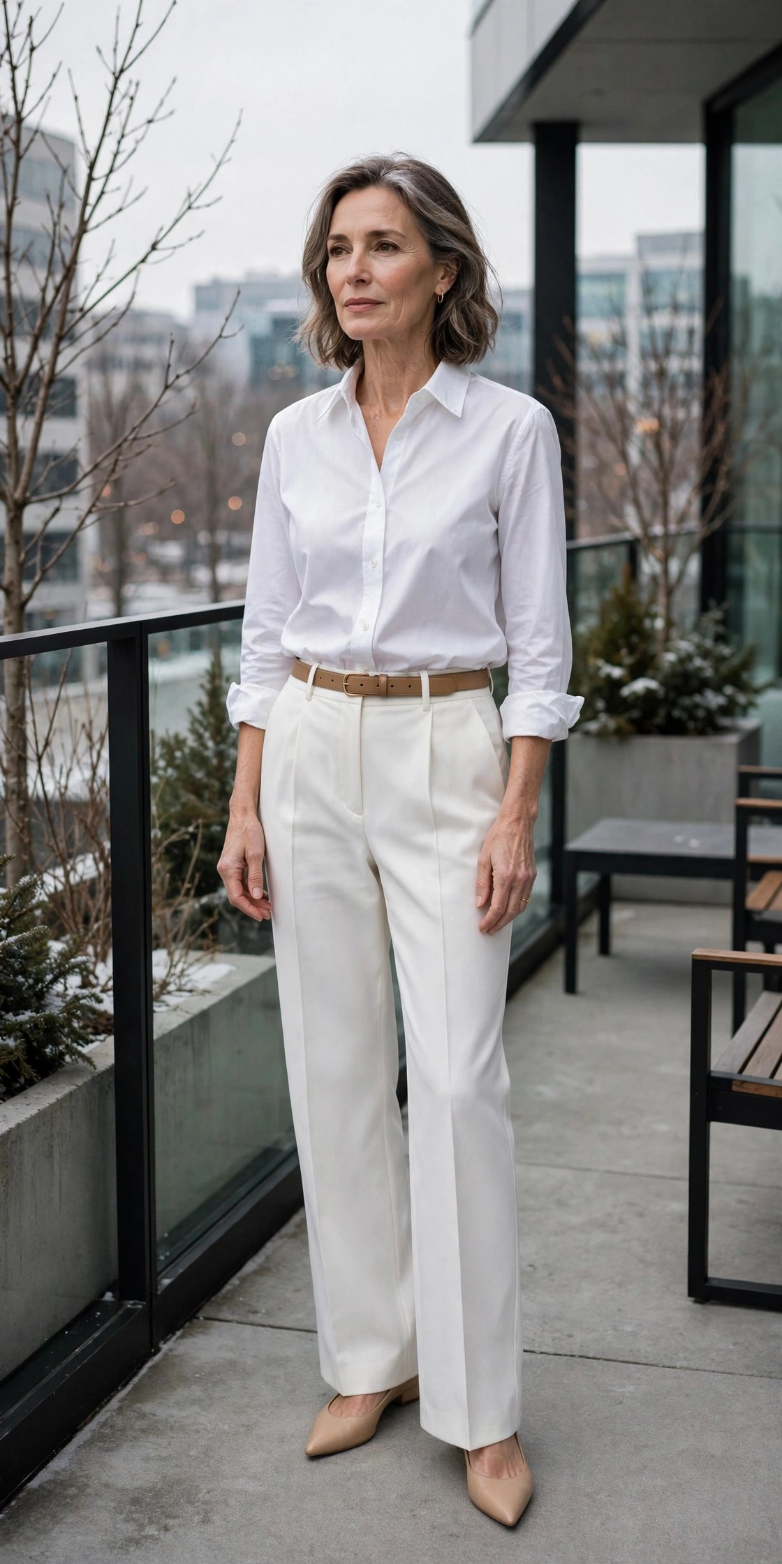 Elegant woman over 50 in white button-down shirt and winter white wide-leg trousers