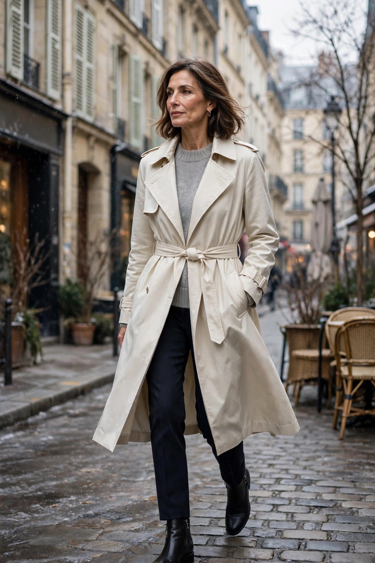 Woman in her 50s wearing ivory belted trench coat over grey knit sweater