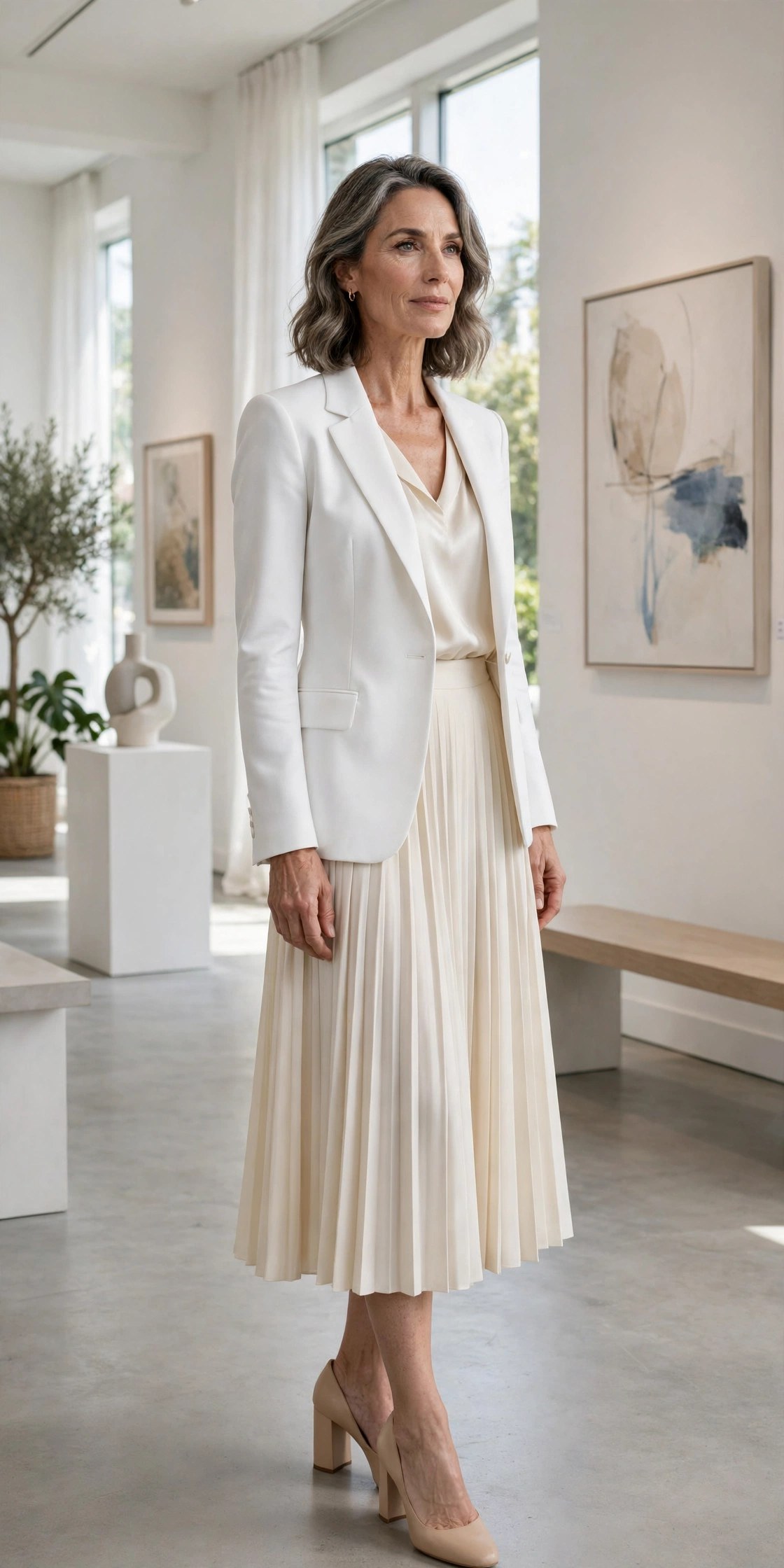 Elegant woman over 50 in white blazer, cream silk top and pleated midi skirt