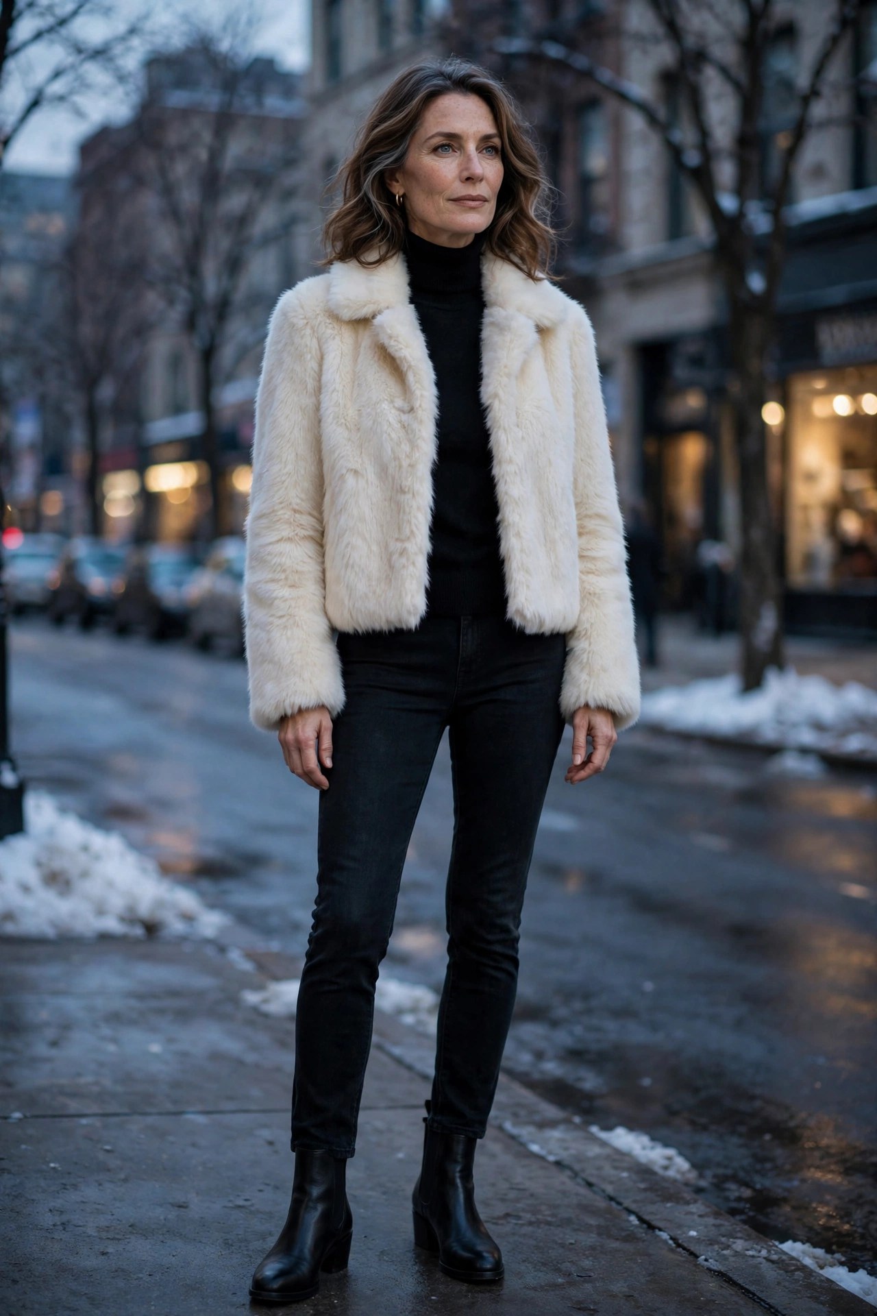 Woman in her 50s wearing ivory faux-fur jacket over black turtleneck and dark jeans