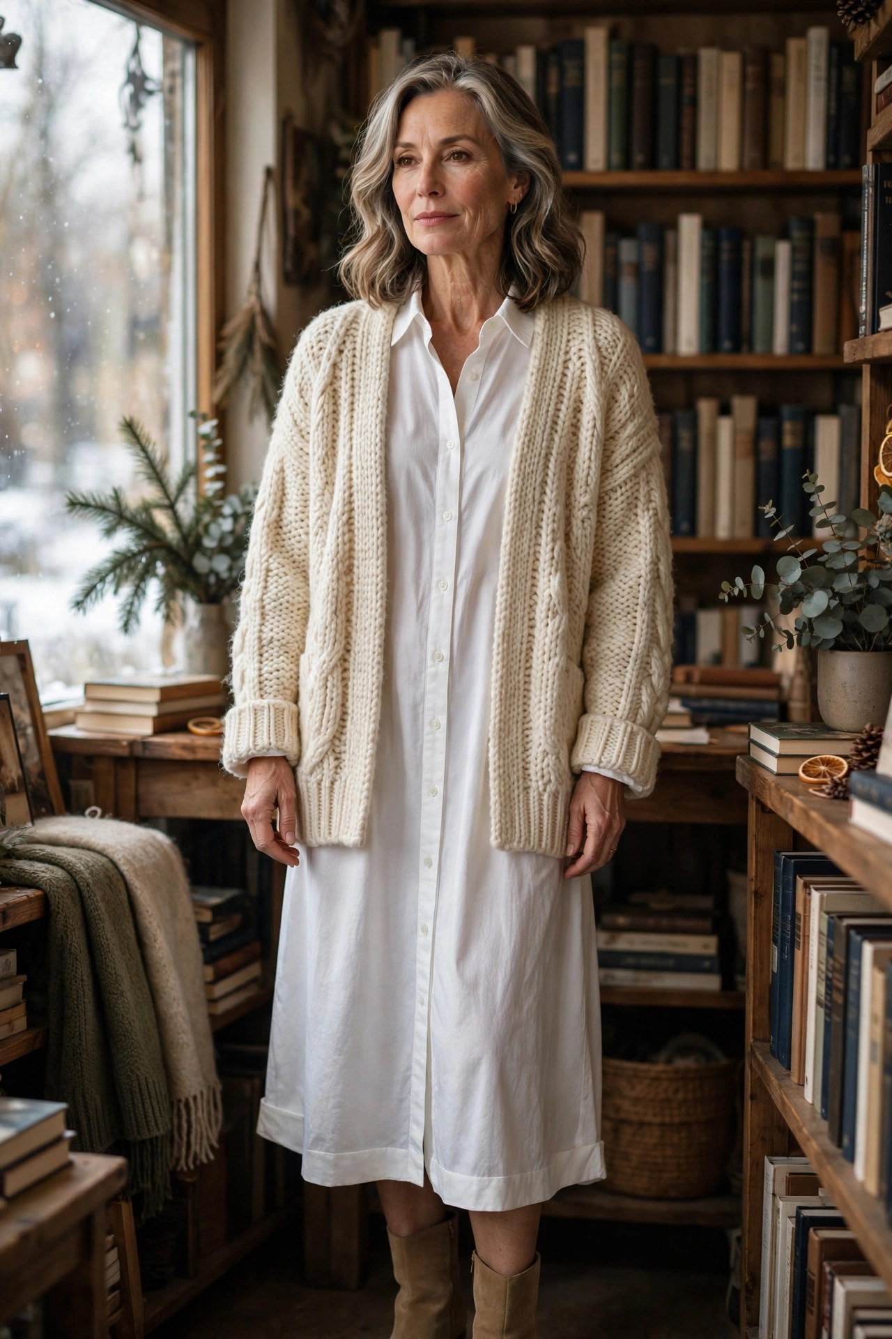Elegant woman over 50 in white shirt dress with chunky cream knit cardigan