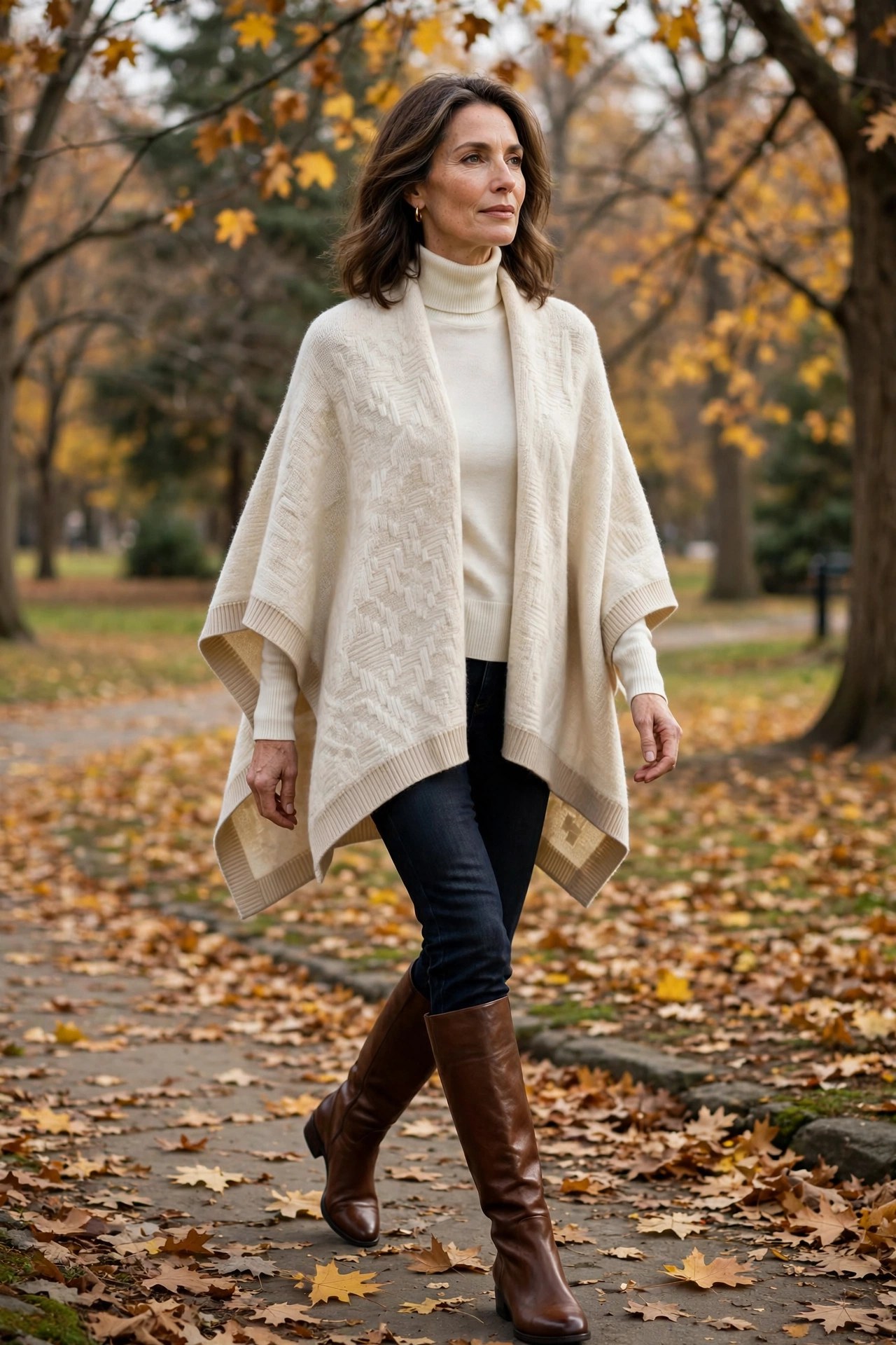 Woman in her 50s wearing cream wool poncho over ivory turtleneck and dark jeans