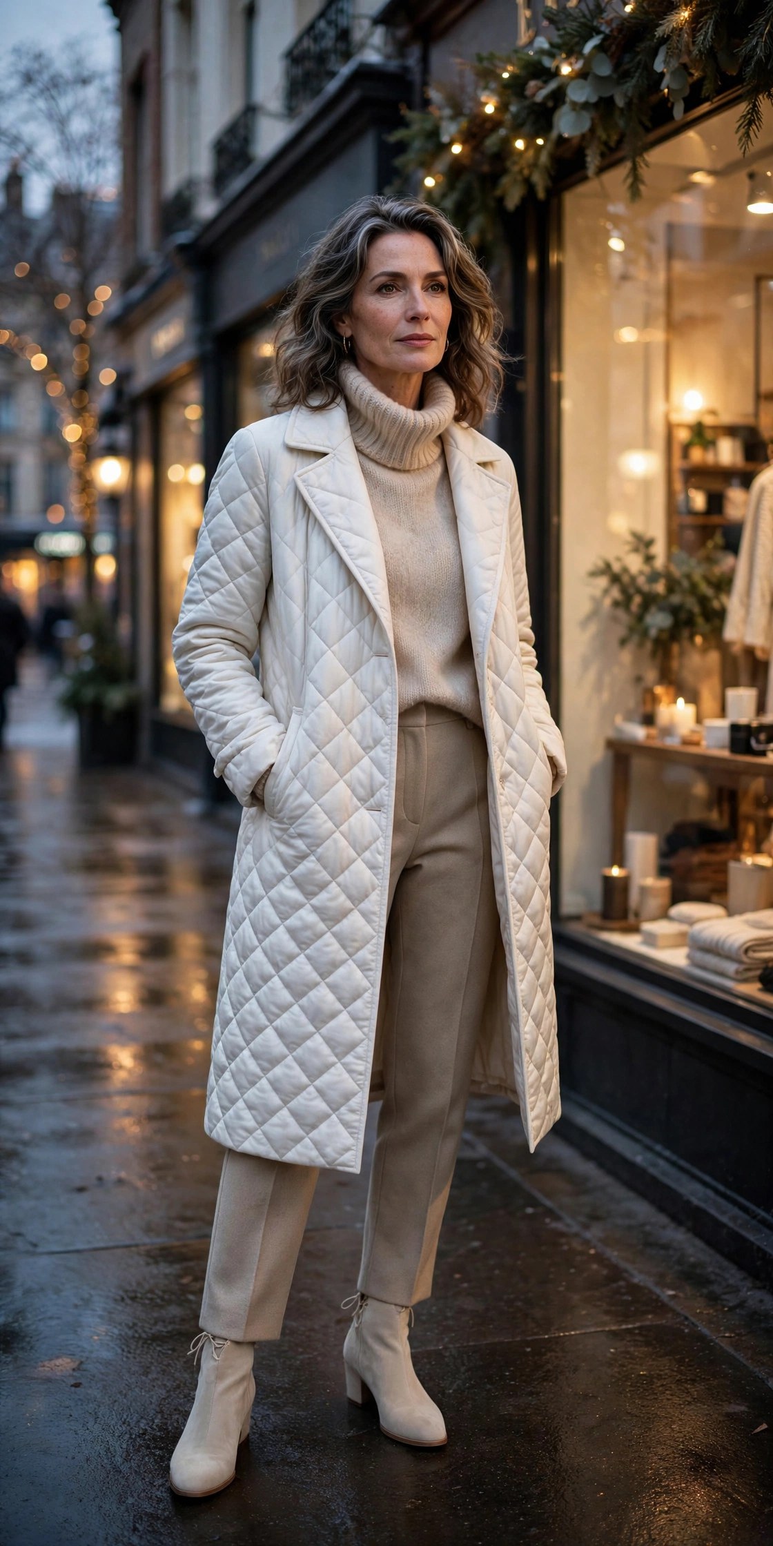 Woman over 50 in white quilted coat over beige knit layers on winter evening street