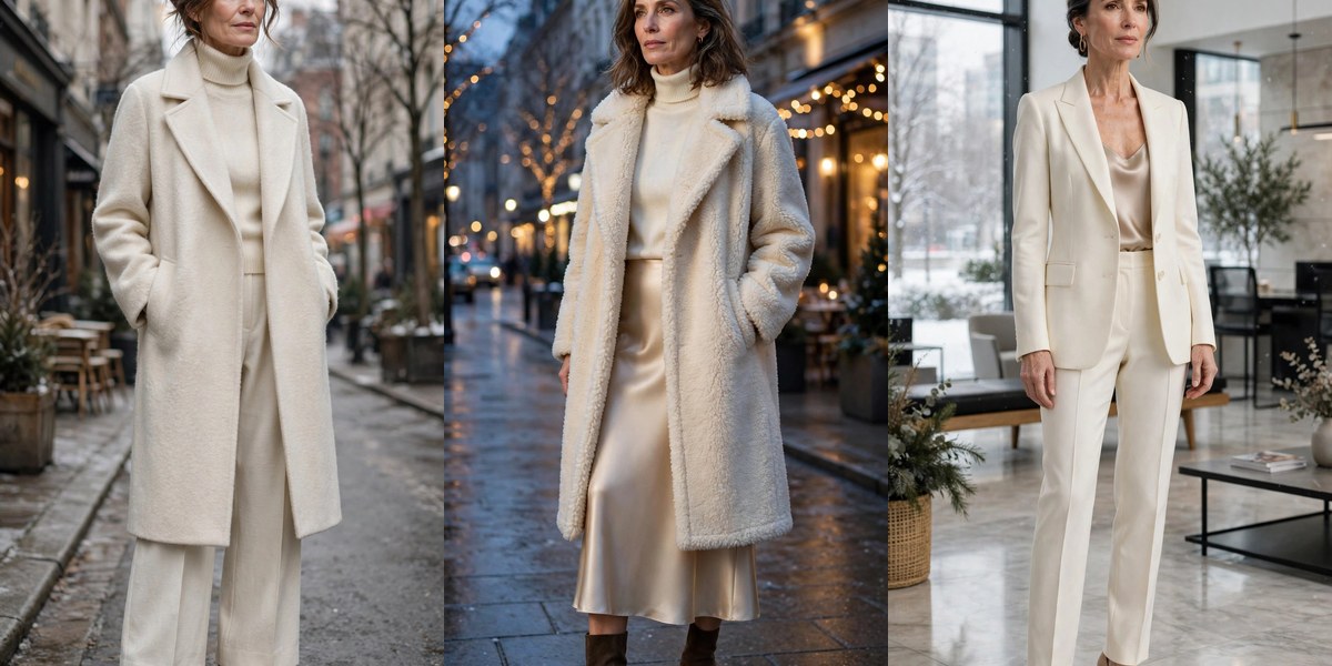 Winter white outfits for women over 50 — collage of elegant monochrome cream looks