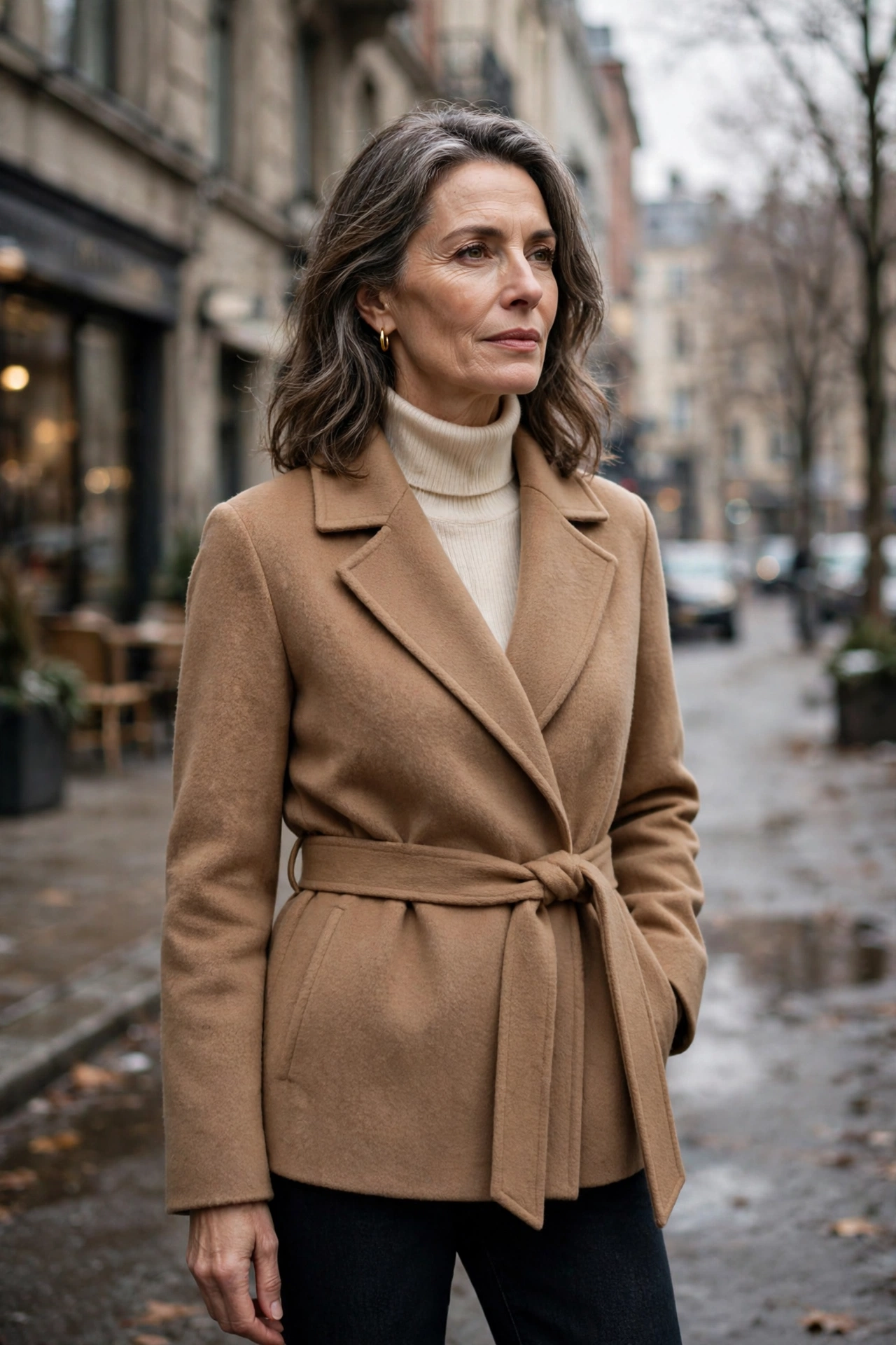 Camel belted wool wrap coat on elegant woman over 50