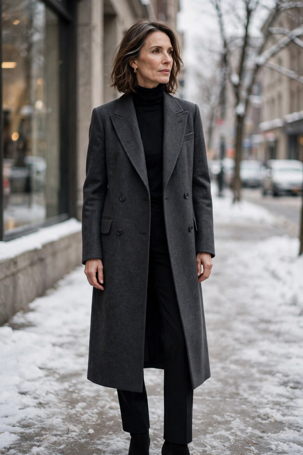 Long charcoal tailored wool overcoat on woman over 50