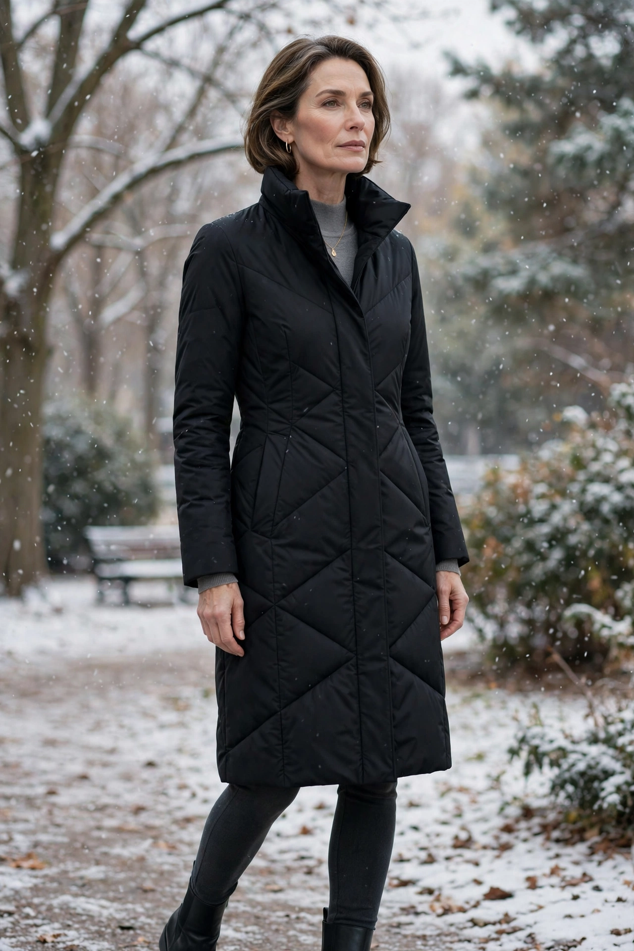 Sleek matte black knee length puffer coat on woman over 50
