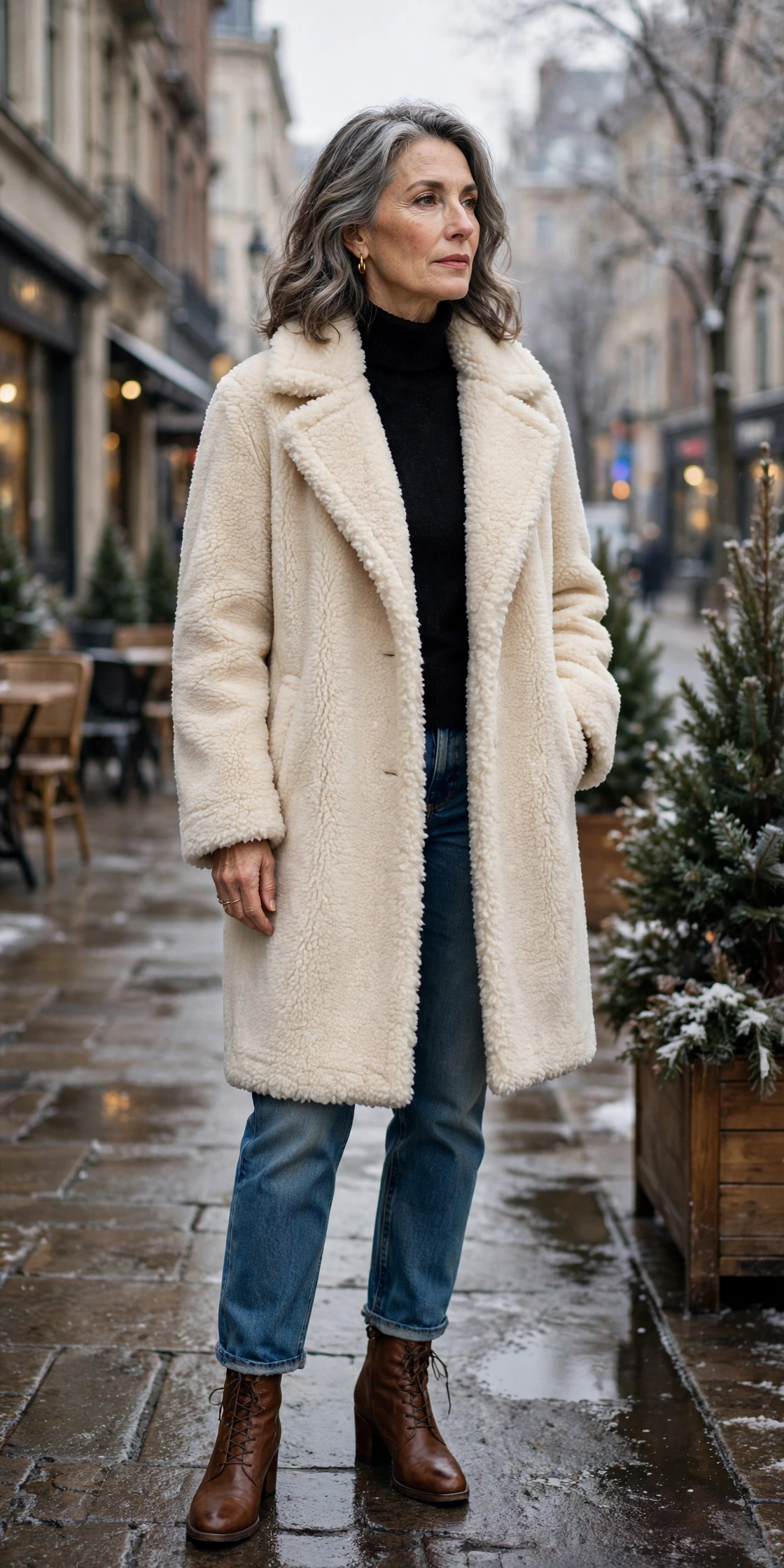 Cream teddy bear coat on elegant woman over 50