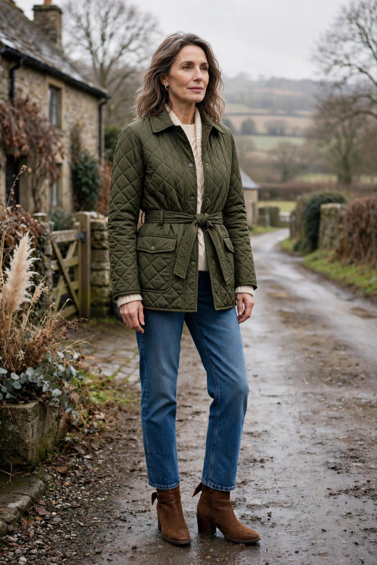 Olive belted quilted barn jacket on woman over 50