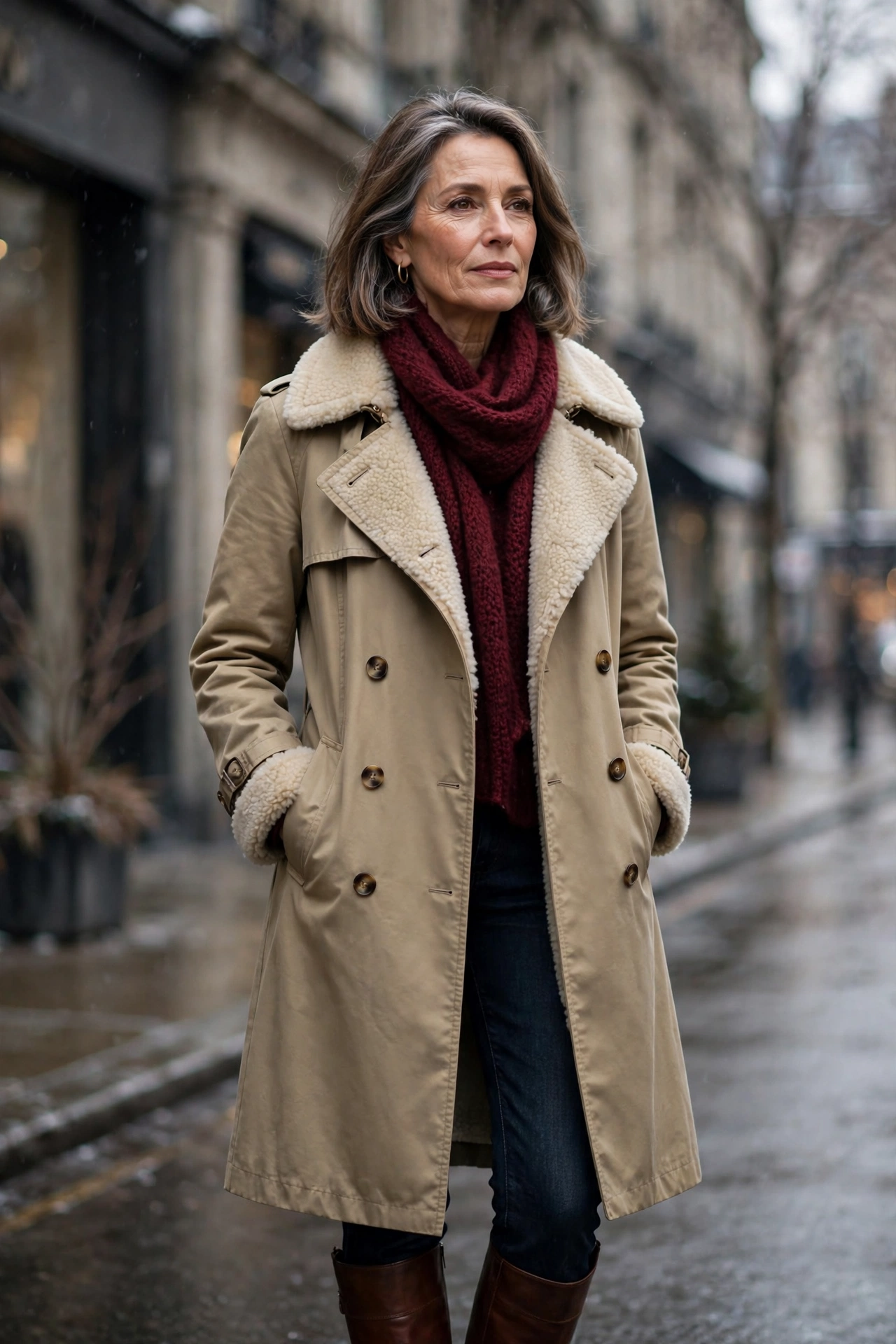 Khaki lined winter trench coat on woman over 50