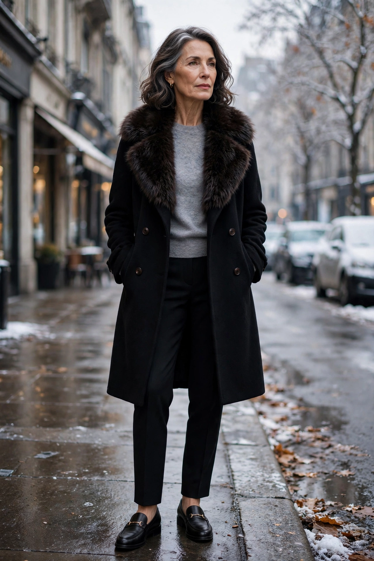 Black wool coat with faux fur collar on woman over 50