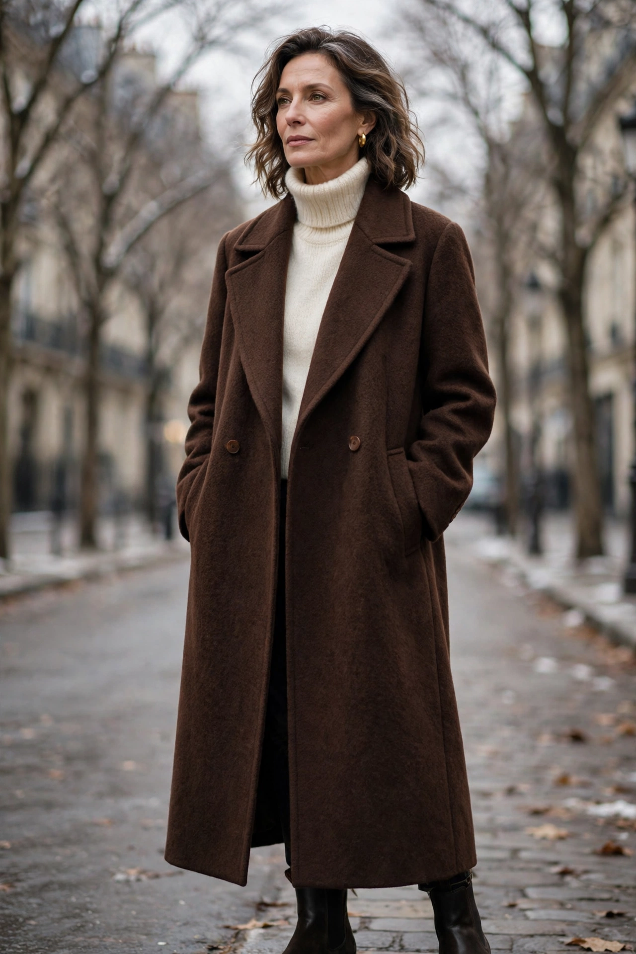 Chocolate brown long wool coat on woman over 50