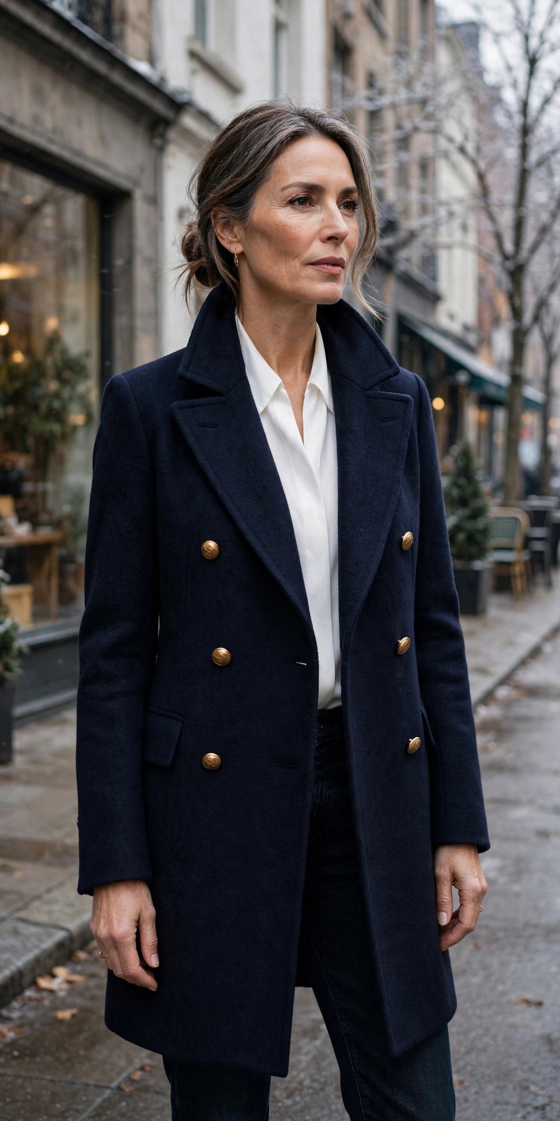 Double breasted navy wool coat with gold buttons on woman over 50