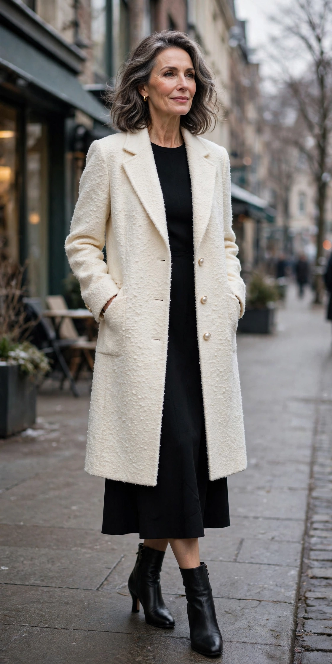 Ivory boucle blazer style coat on woman over 50