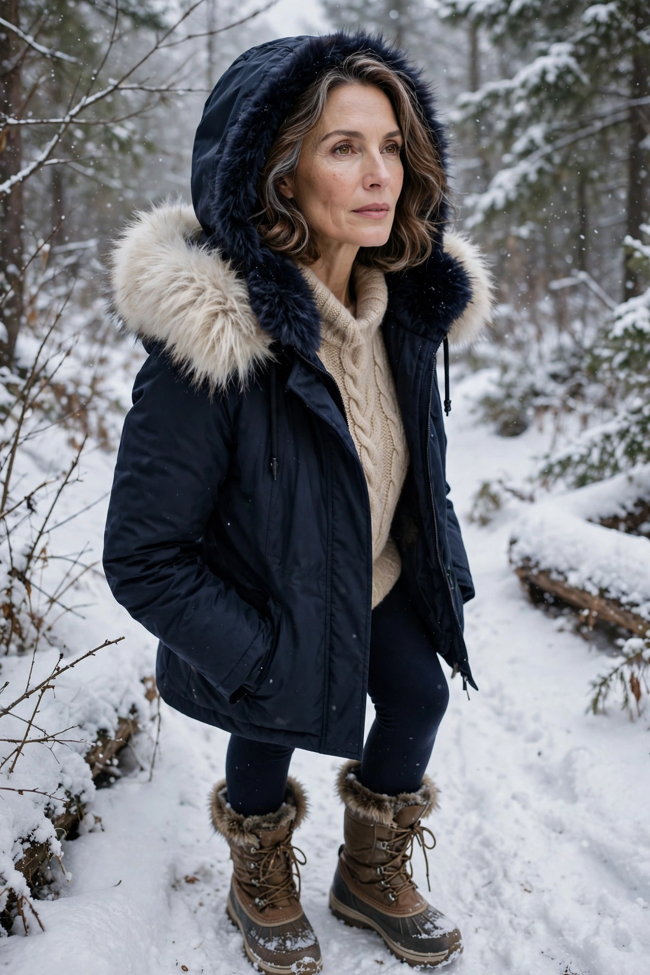 Navy hooded down parka with faux fur trim on woman over 50