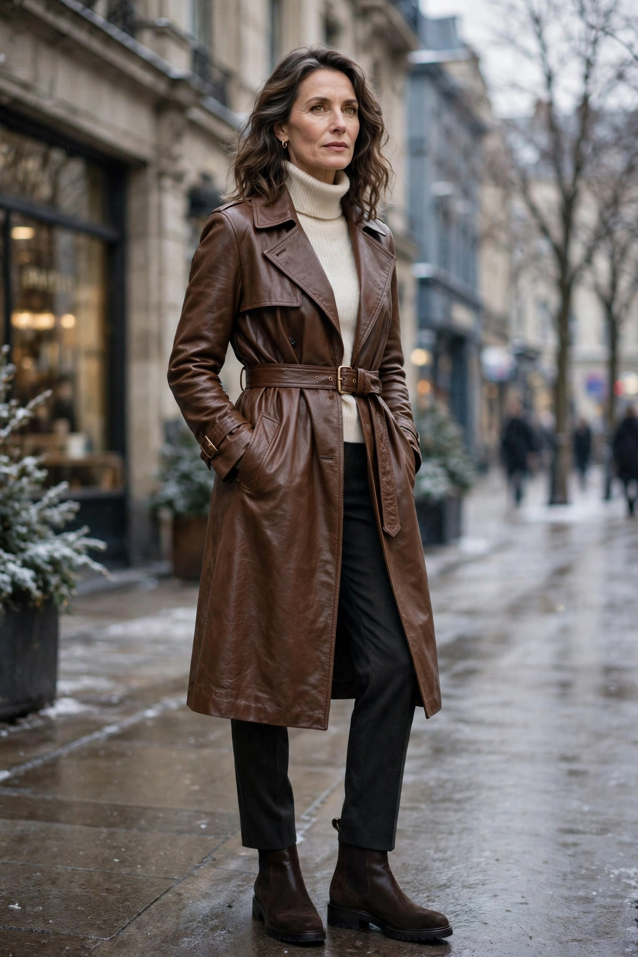 Brown belted leather trench coat on woman over 50