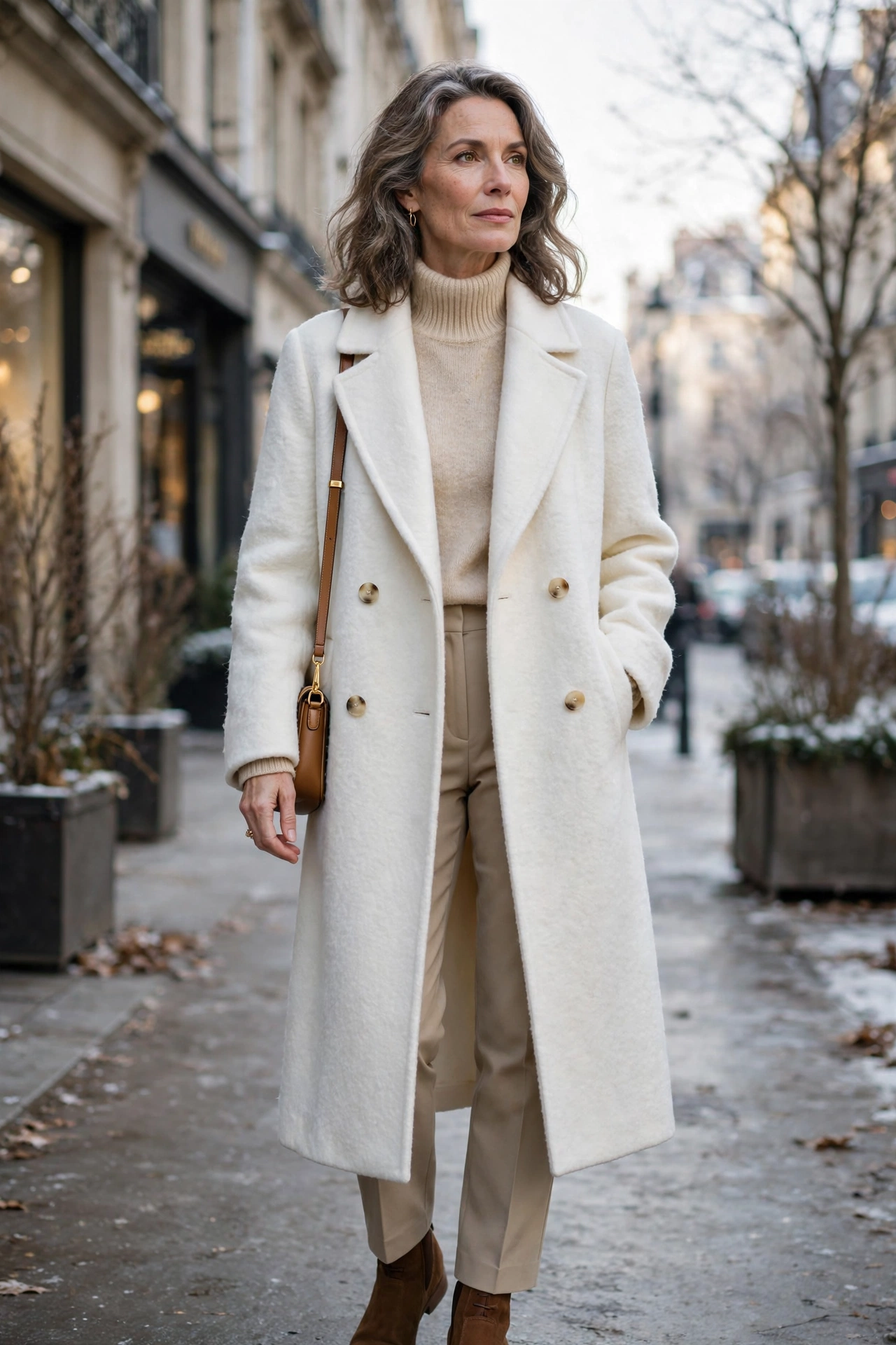 Winter white long statement wool coat on woman over 50