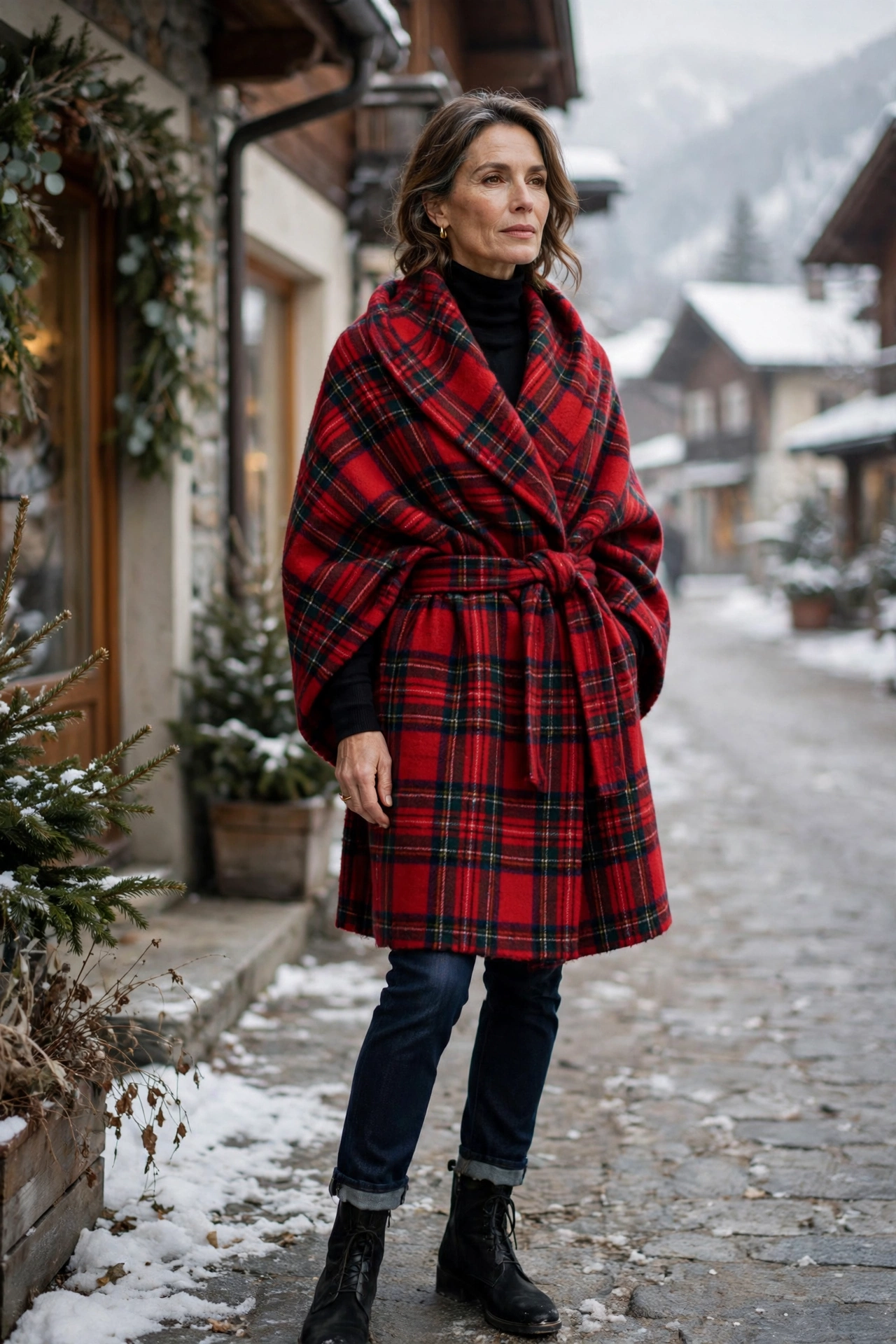 Red plaid blanket wrap coat on woman over 50