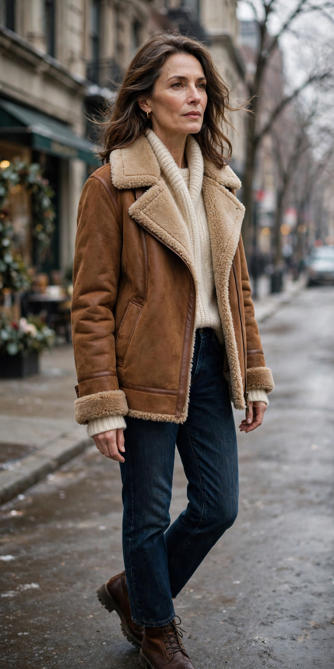 Cognac shearling aviator coat on woman over 50