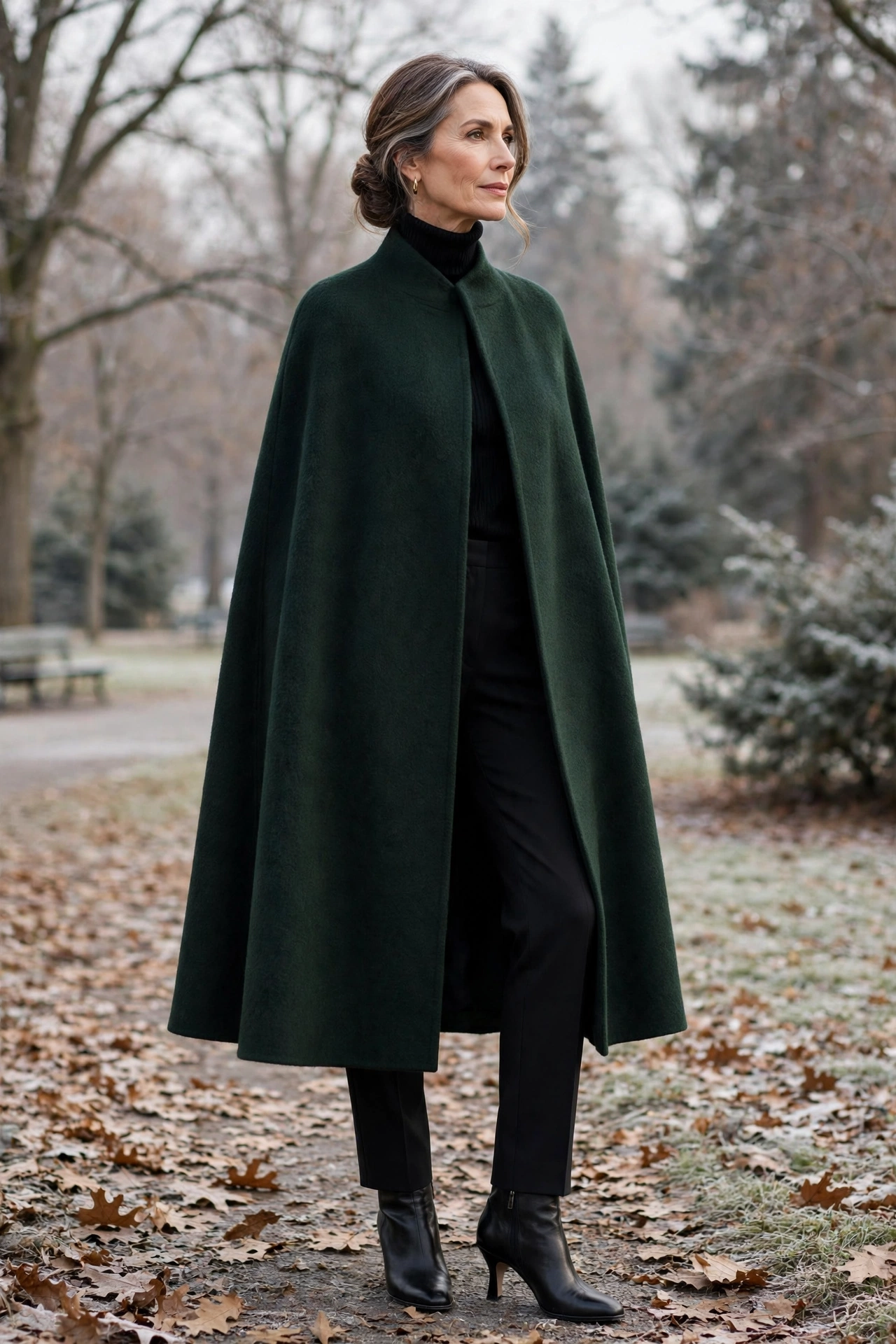 Forest green wool cape coat on woman over 50