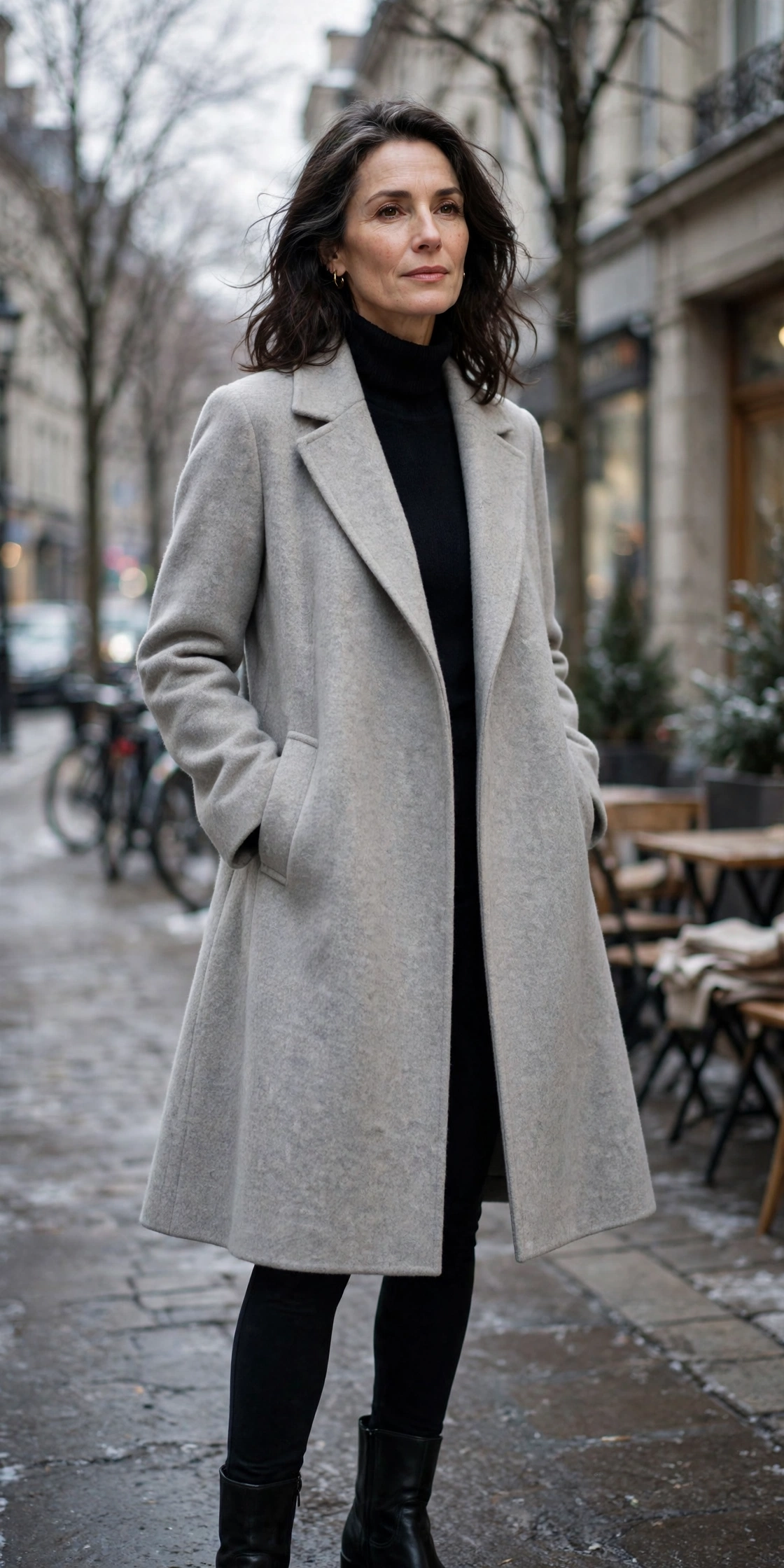 Light gray A line wool swing coat on woman over 50