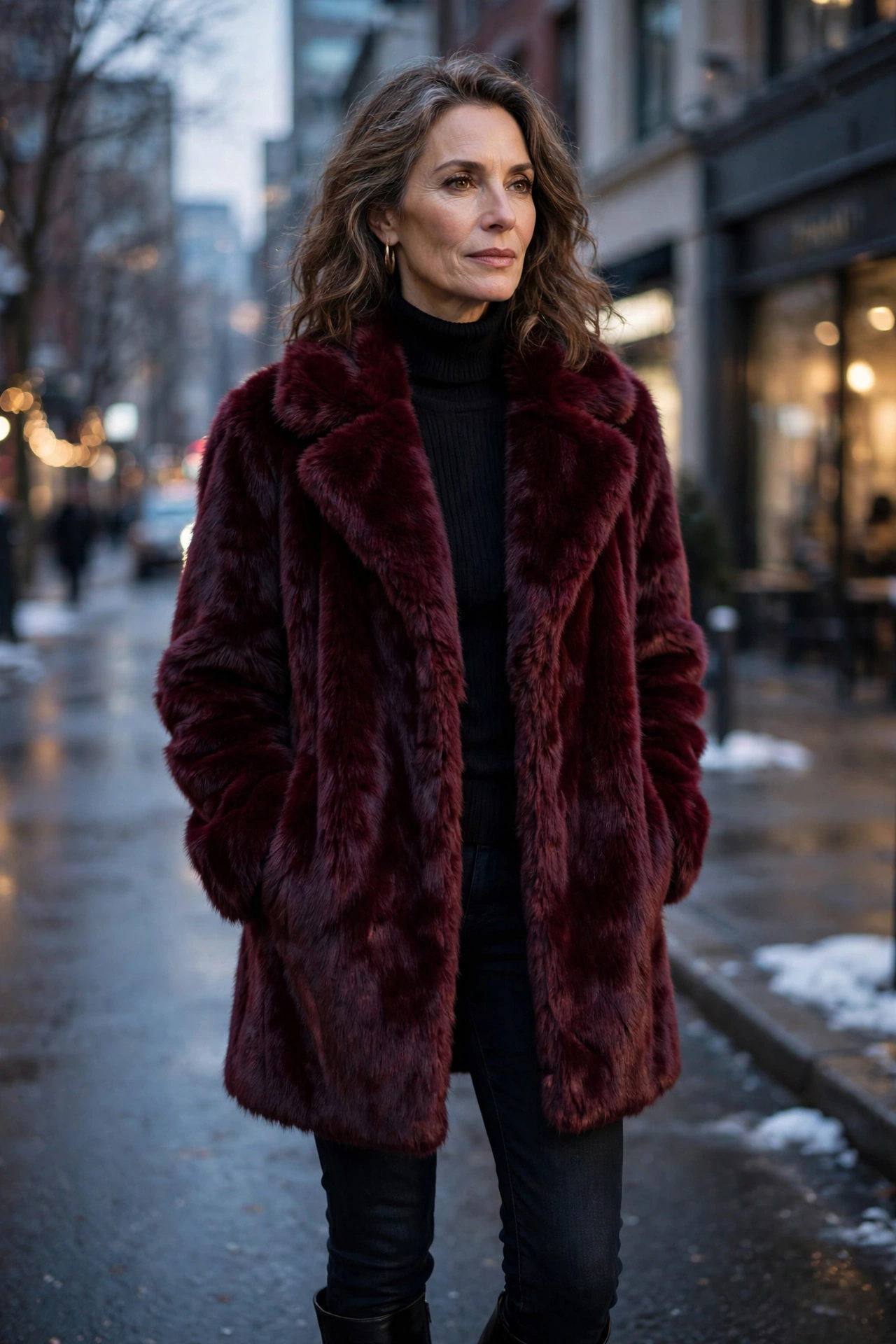 Wine burgundy faux fur coat on woman over 50