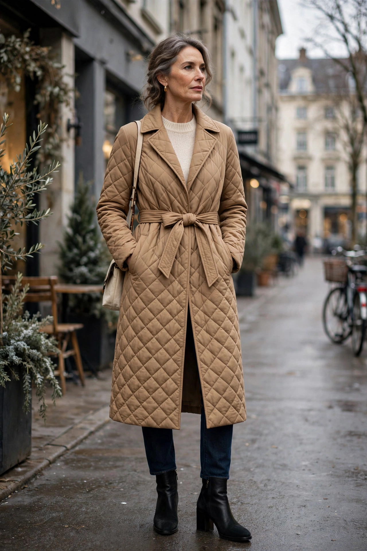 Camel quilted longline coat with belt on woman over 50