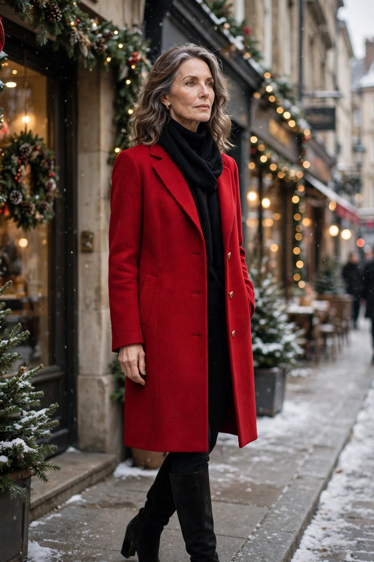 Classic red single breasted wool coat on woman over 50