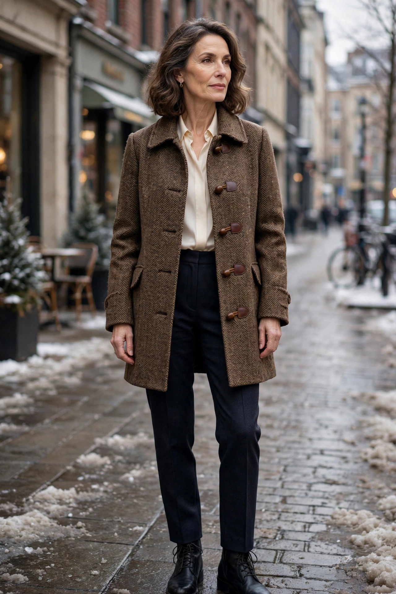 Brown herringbone tweed coat on woman over 50