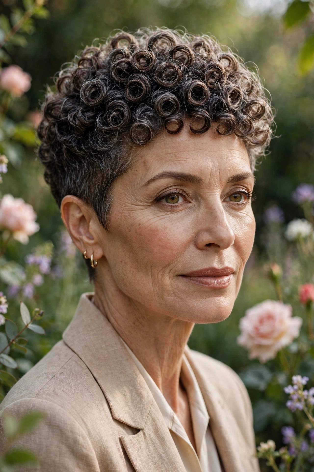 Woman in her 50s with a defined coil crown curly pixie