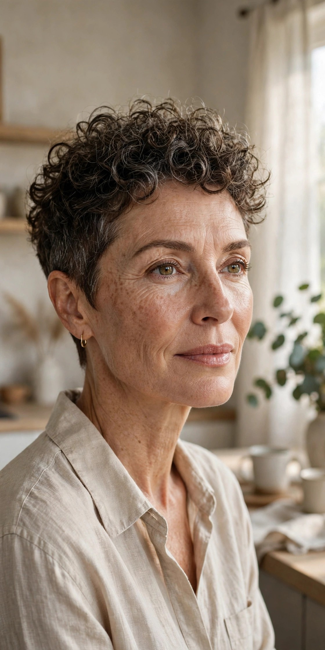Woman in her 50s with an easy wash-and-go curly pixie