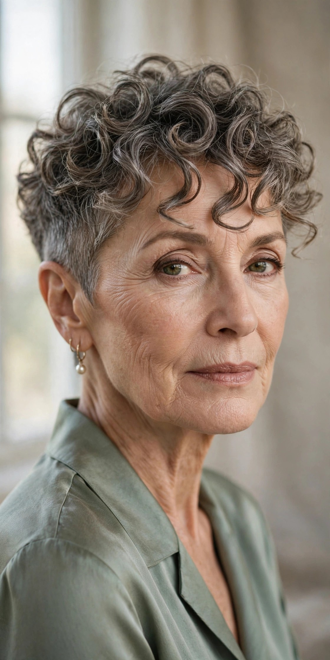 Woman in her 60s with a curly pixie and soft ringlet fringe