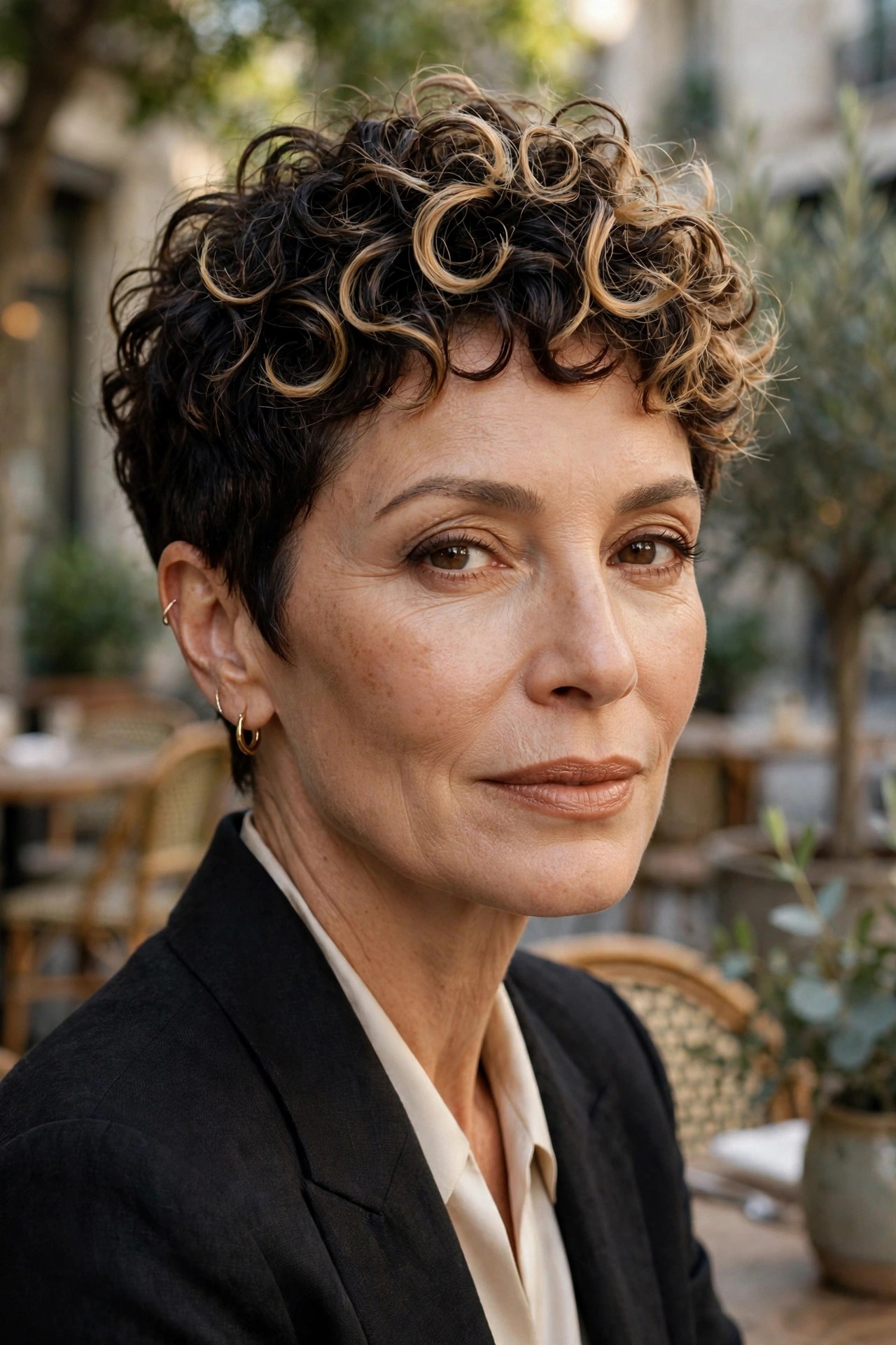 Woman in her 50s with a honey-tipped curly pixie