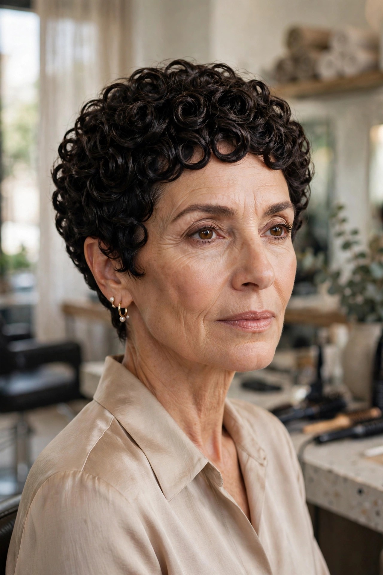 Woman in her 50s with a curl-by-curl sculpted curly pixie