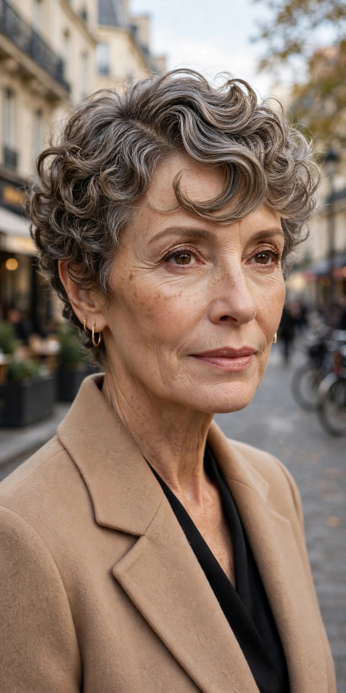 Woman in her 60s with a side-swept curly pixie
