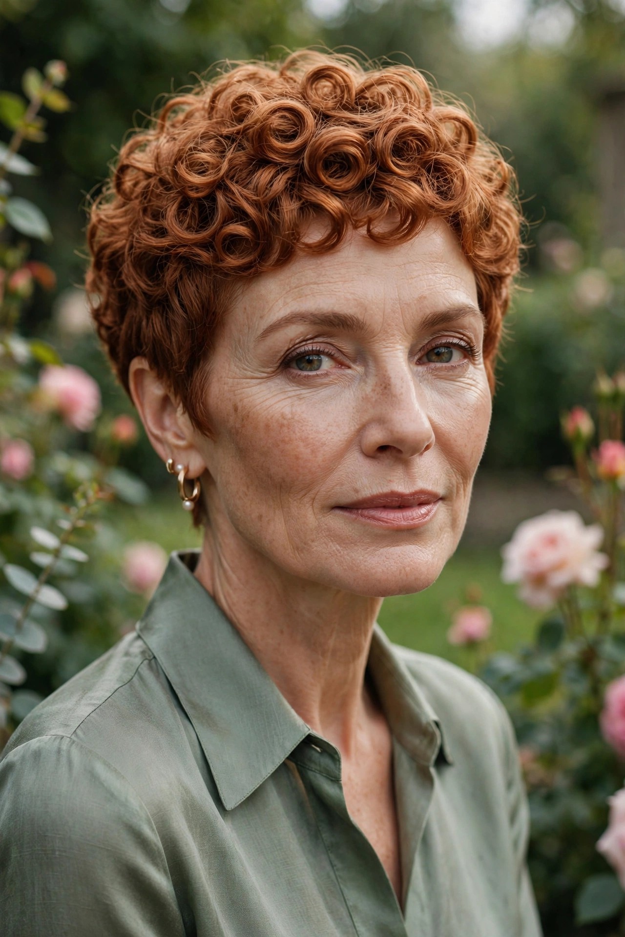 Woman in her 50s with a copper coil pixie