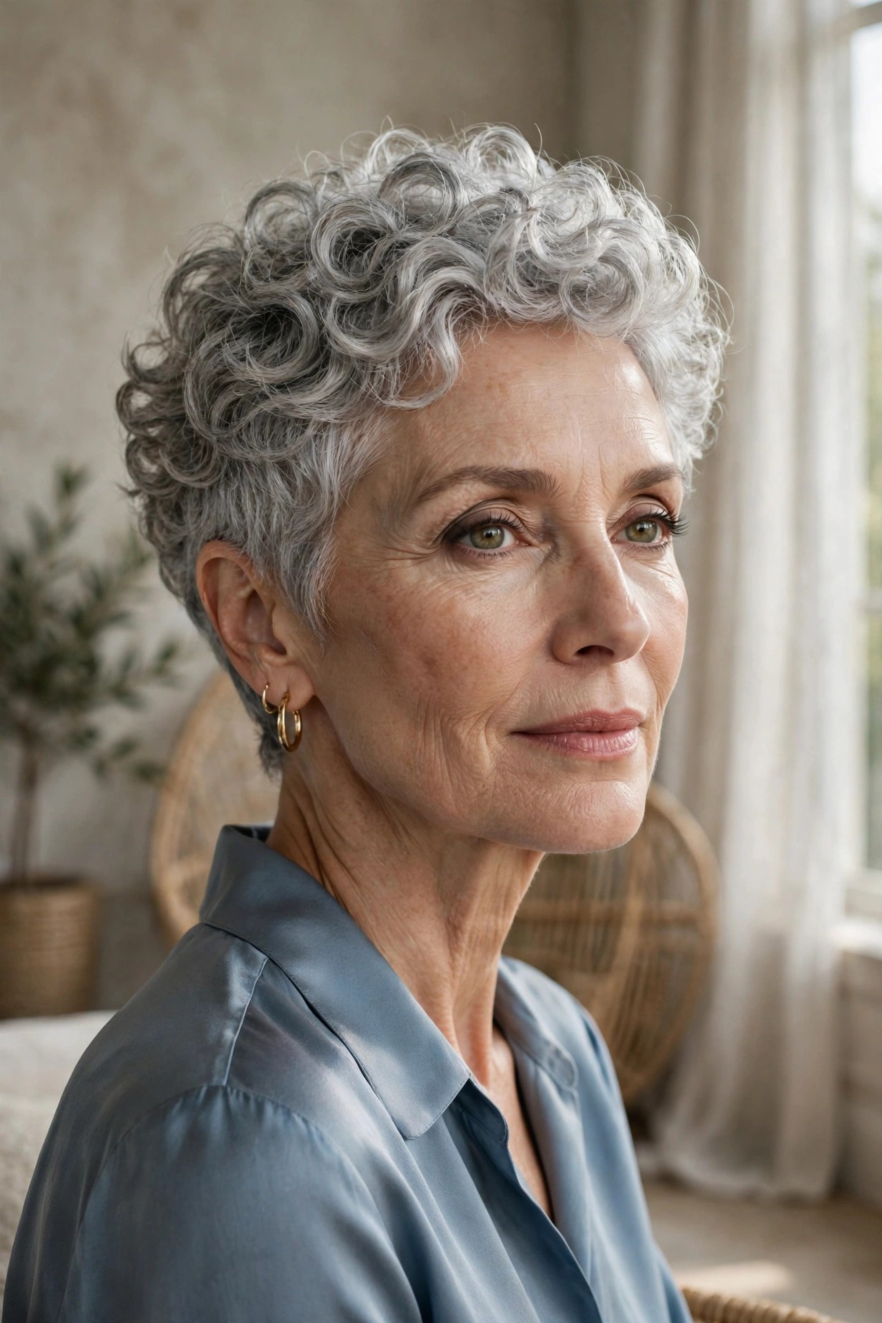 Woman in her 60s with a silver curly pixie