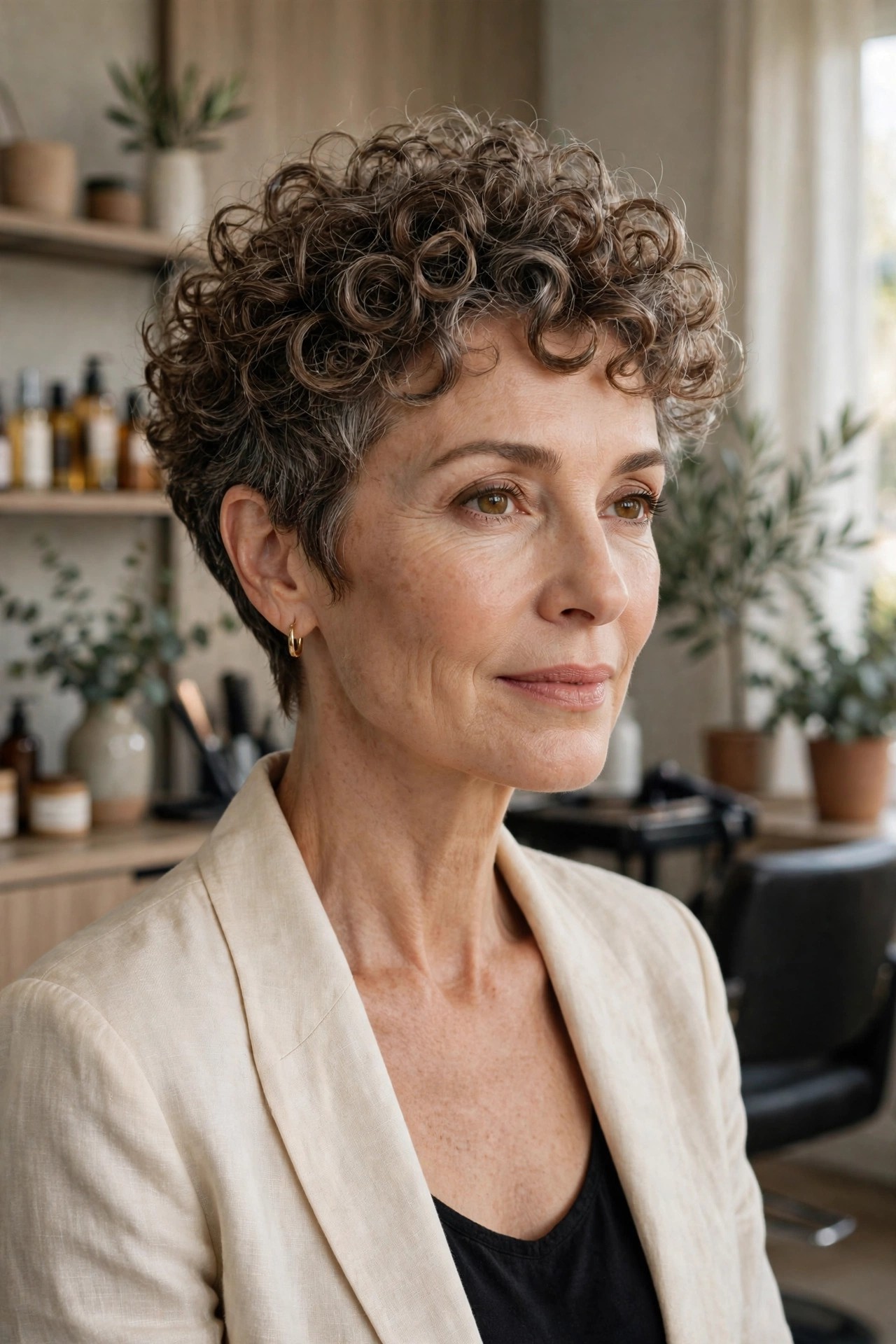 Woman in her 50s with a curly pixie and tapered nape