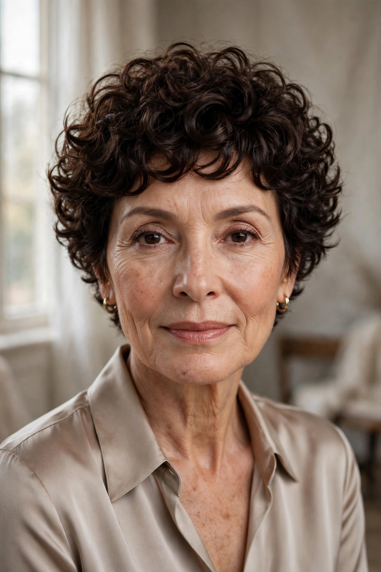 Woman in her 60s with a dark chocolate curly pixie