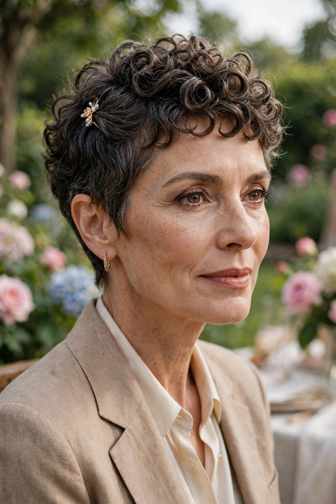 Woman in her 50s with a pinned-back curly pixie and gold clip