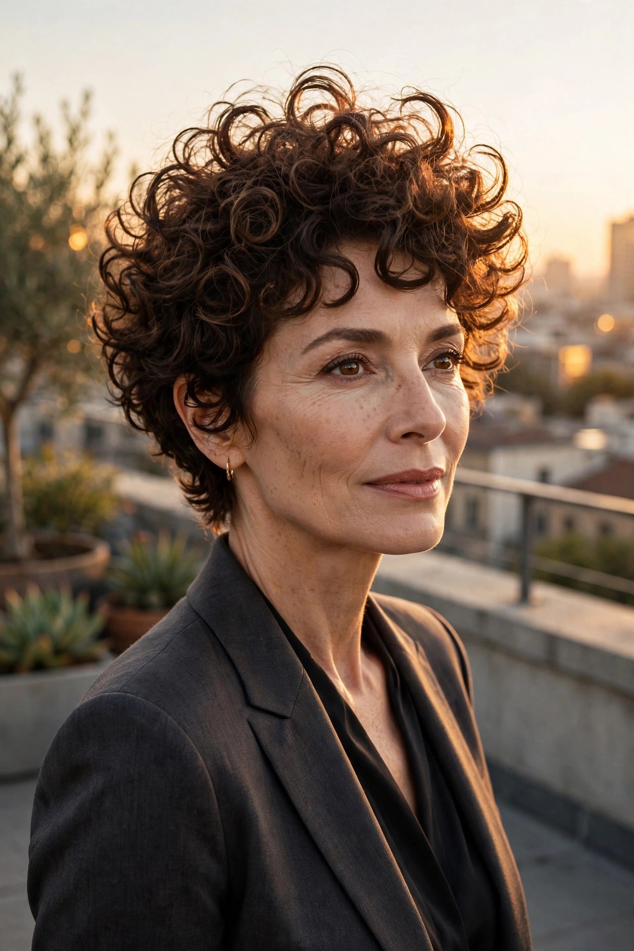 Woman in her 50s with a voluminous crown curly pixie
