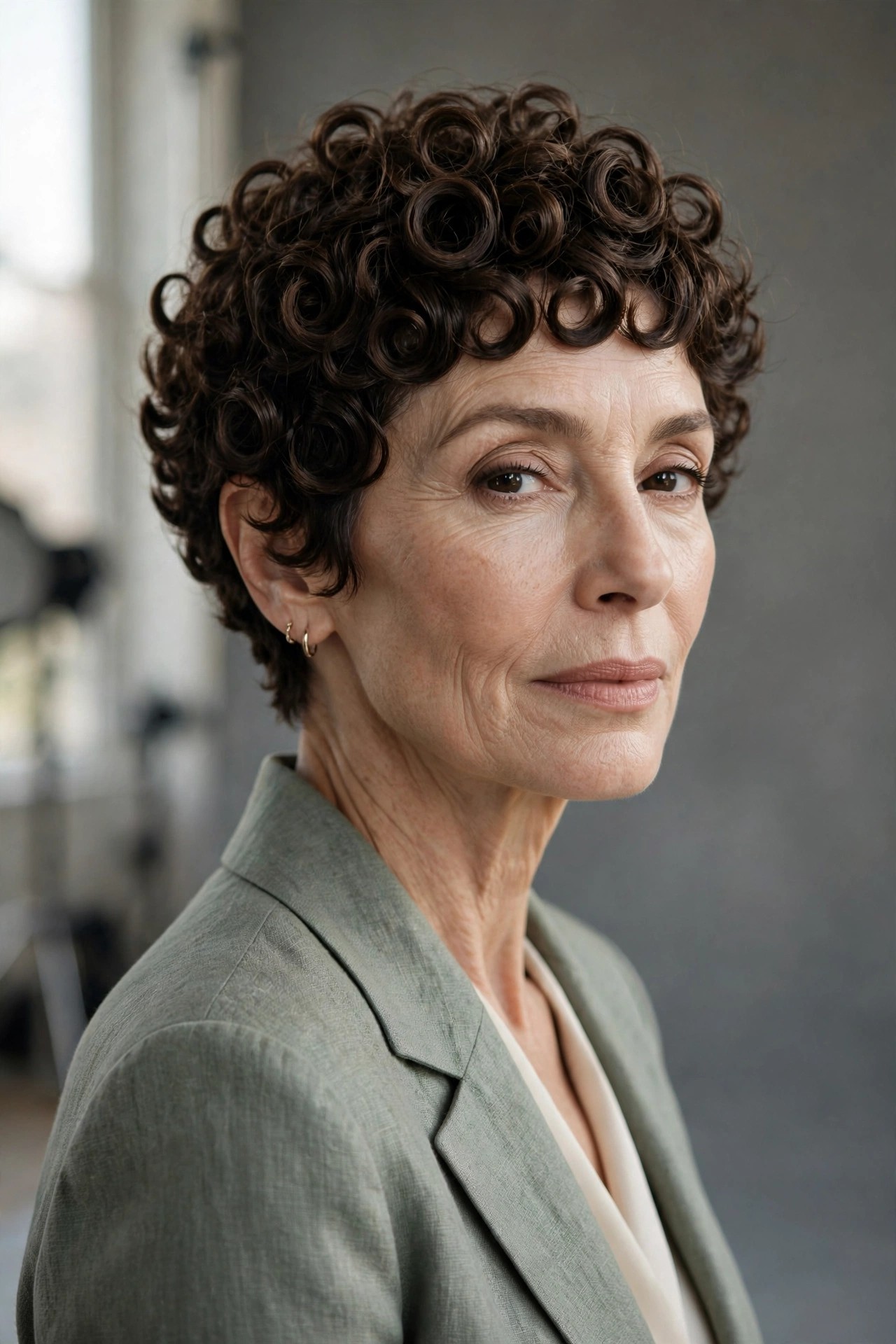 Woman in her 60s with a finger-coiled curly pixie