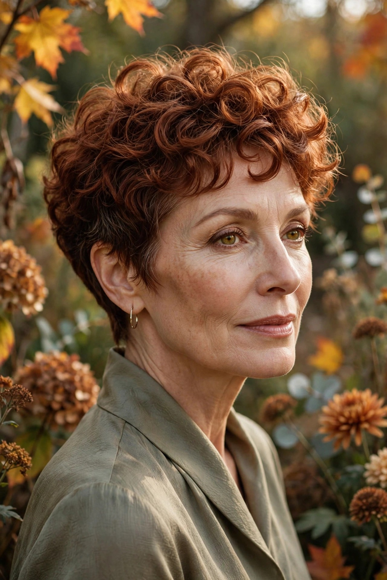 Woman in her 50s with an auburn curly pixie