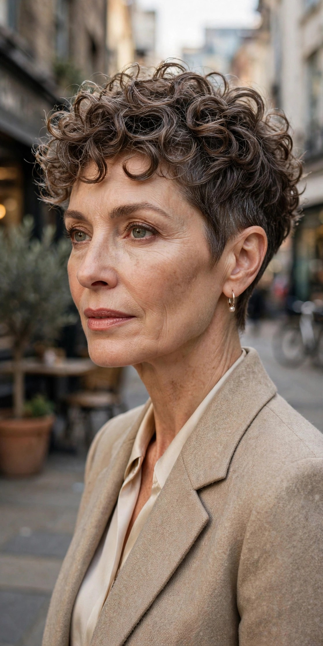 Woman in her 50s with a tapered-temple curly pixie