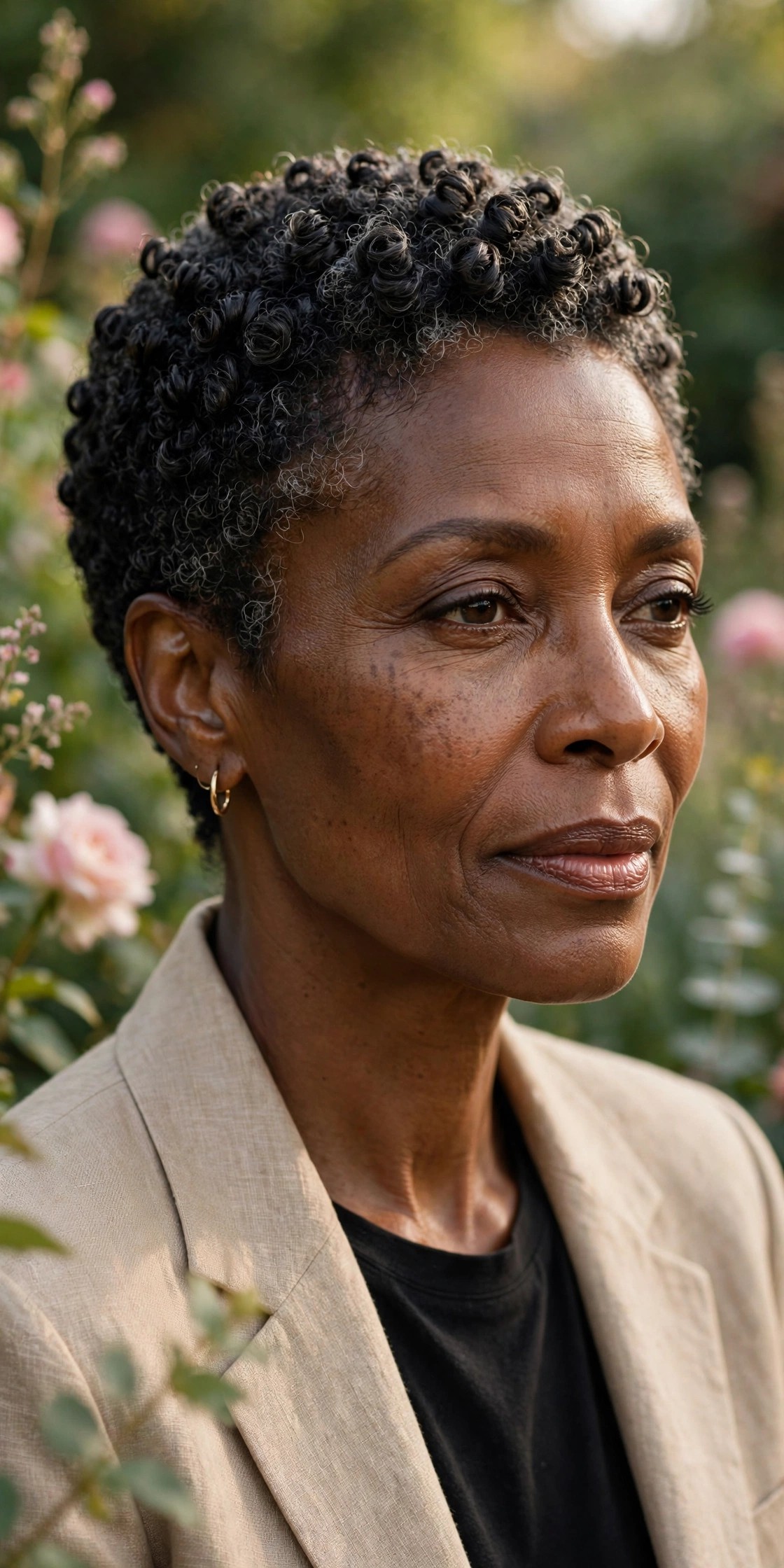 Black woman in her 50s with a natural 4C coily pixie